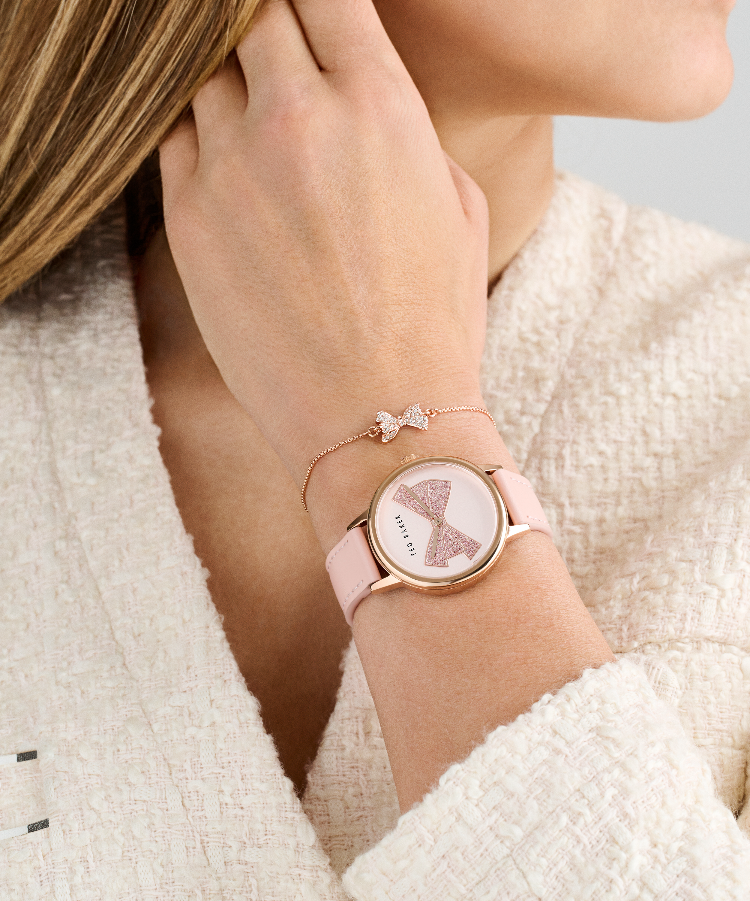 TED BAKER PHYLIPA PINK BOW LEATHER WATCH & BRACELET SET
