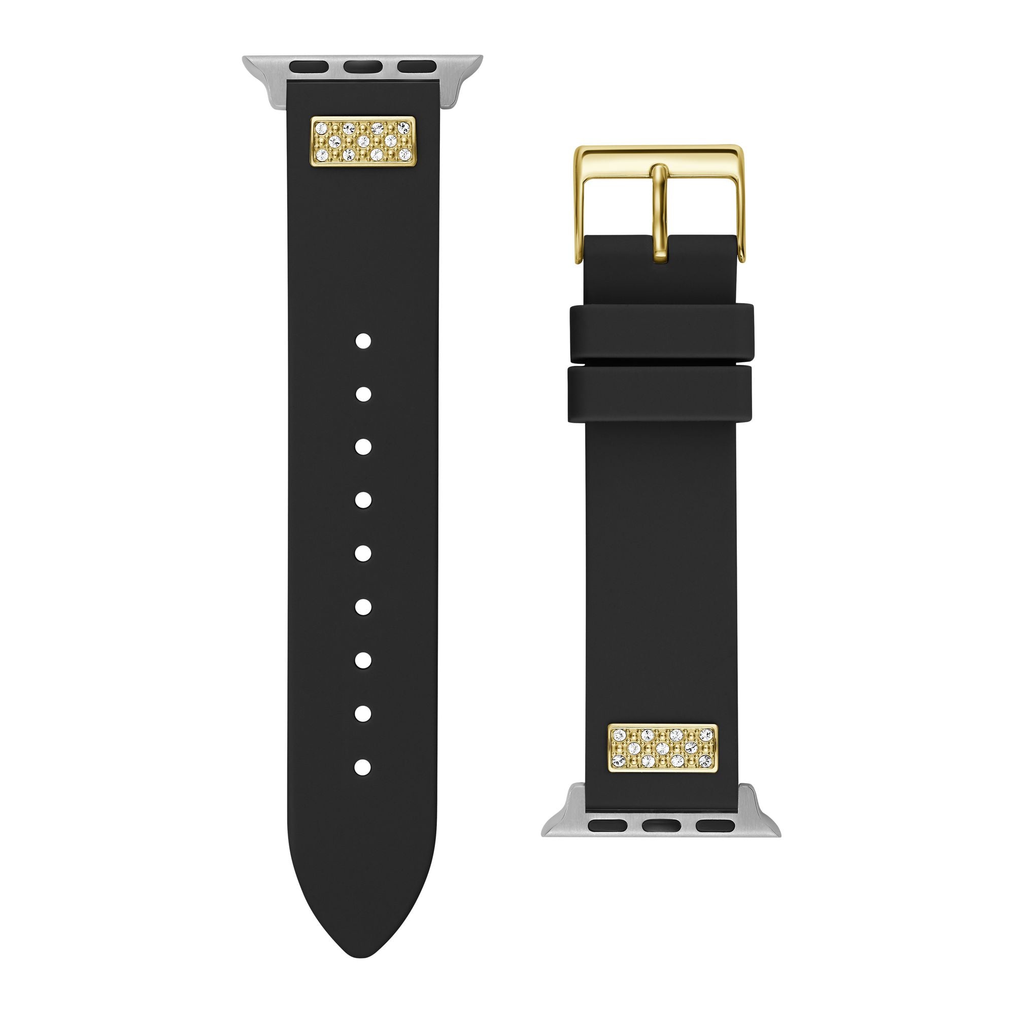 GUESS FRONTIER WATCH STRAP WITH STONES GOLD BUCKLE & BLACK SILICONE STRAP