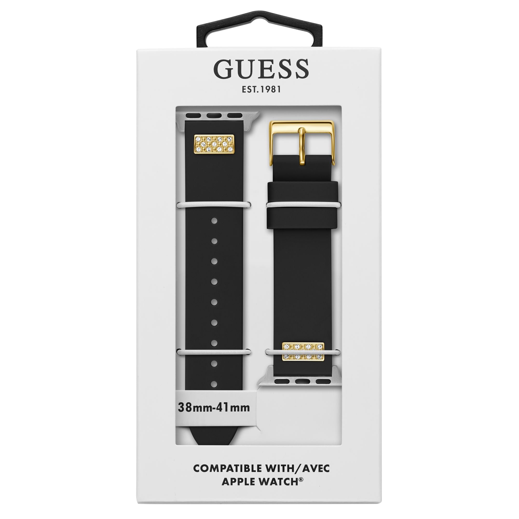 GUESS FRONTIER WATCH STRAP WITH STONES GOLD BUCKLE & BLACK SILICONE STRAP