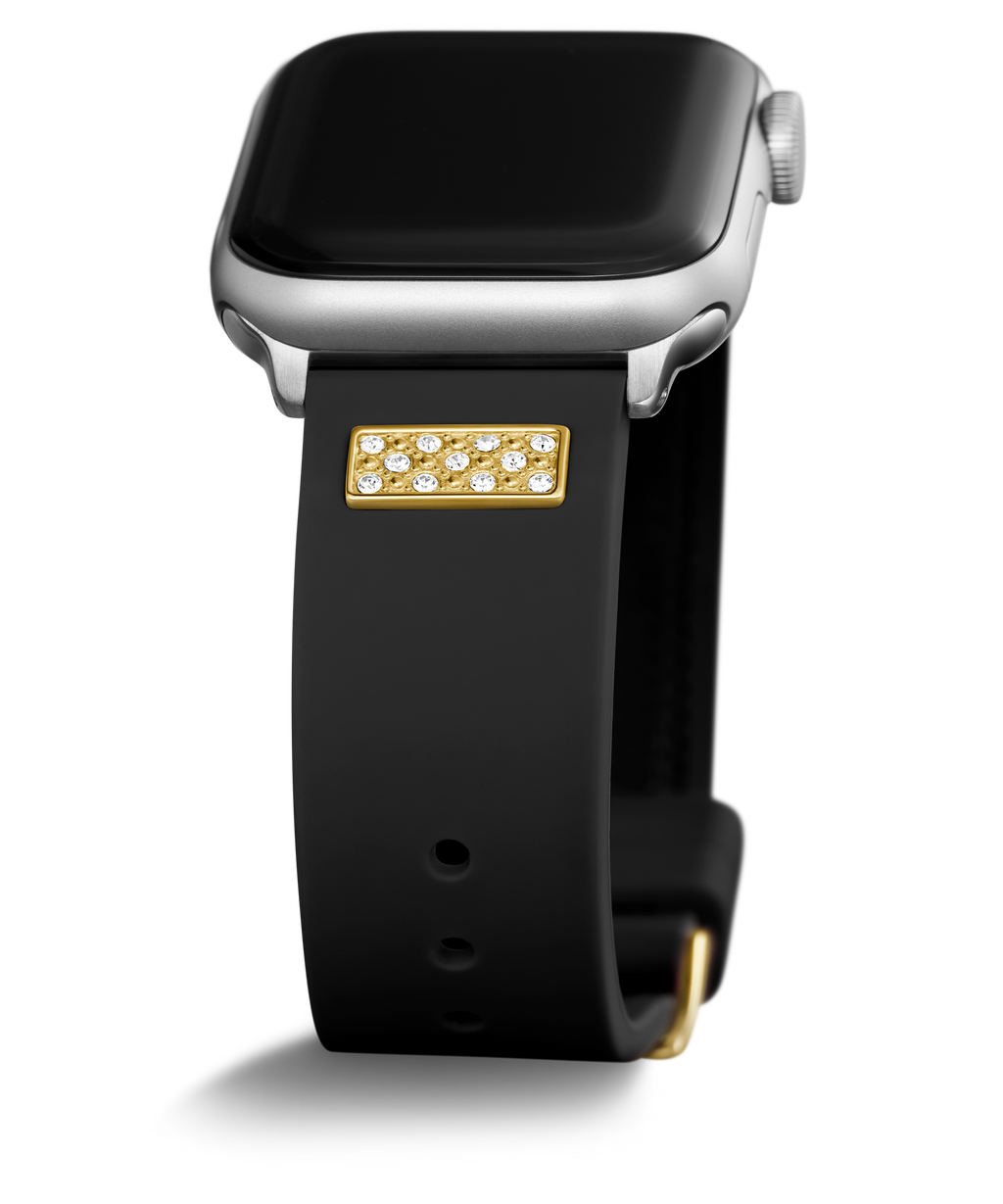 GUESS FRONTIER WATCH STRAP WITH STONES GOLD BUCKLE & BLACK SILICONE STRAP