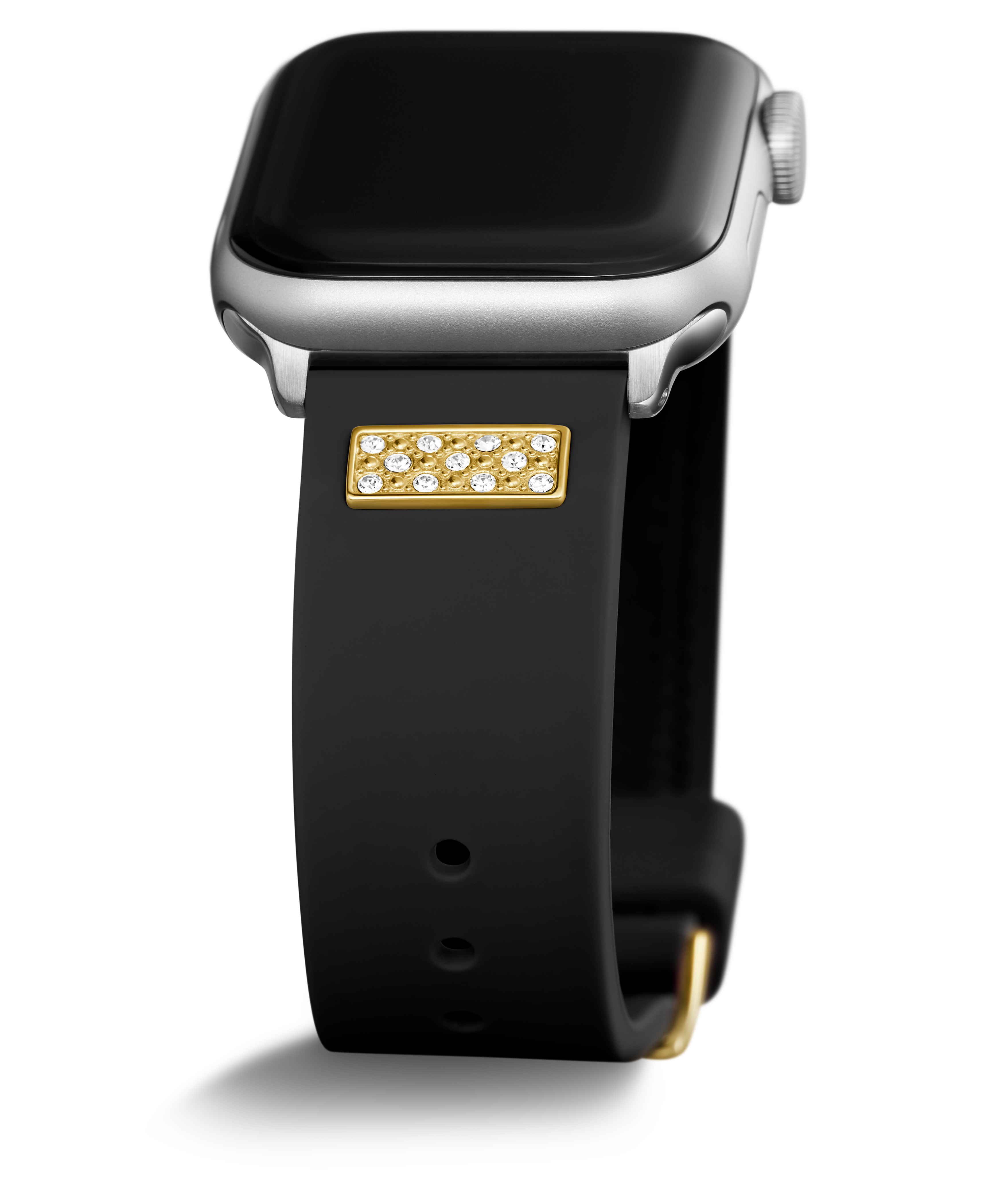 GUESS FRONTIER WATCH STRAP WITH STONES GOLD BUCKLE & BLACK SILICONE STRAP