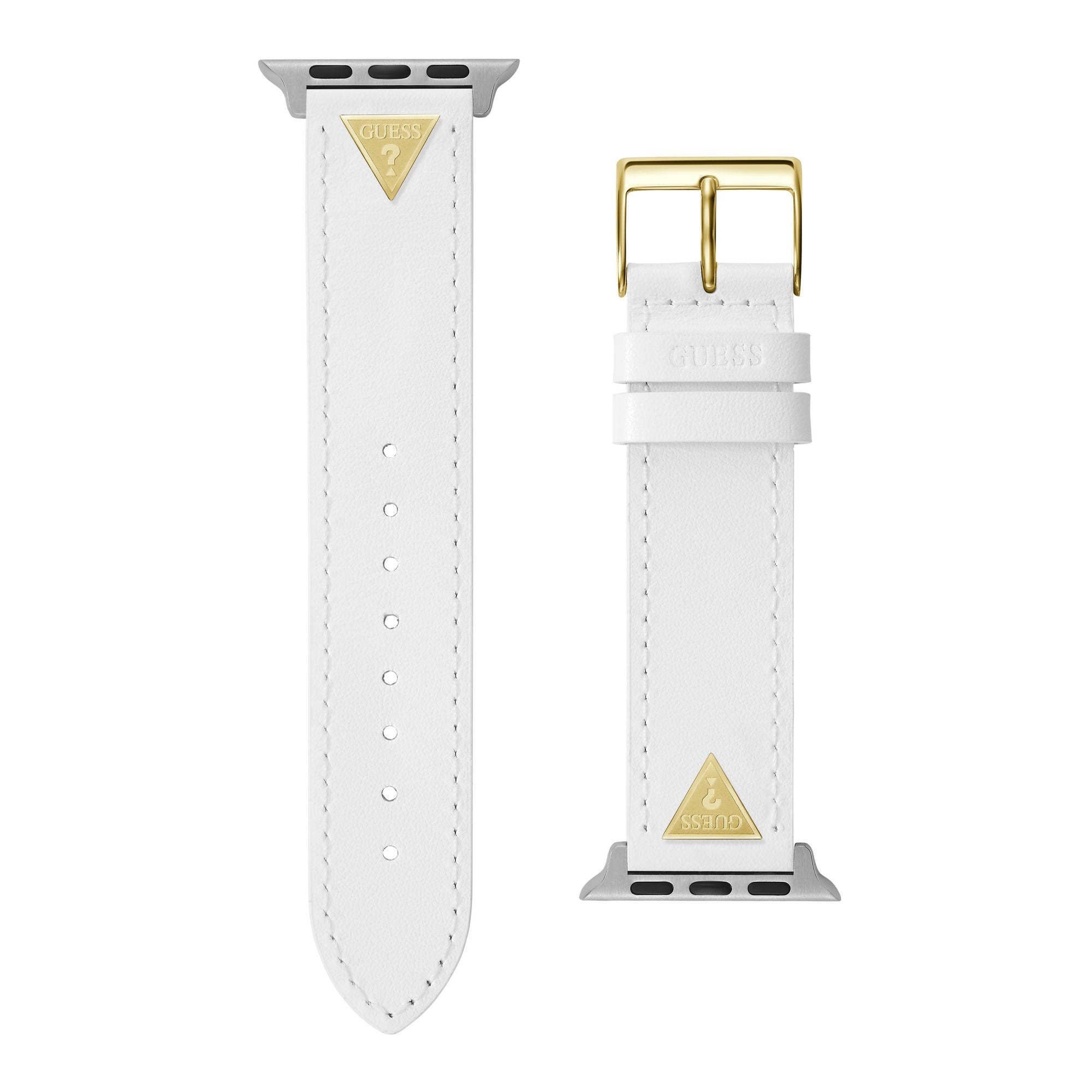 GUESS STRAP WITH GOLD TRIANGLE PLAQUE & WHITE LEATHER STRAP