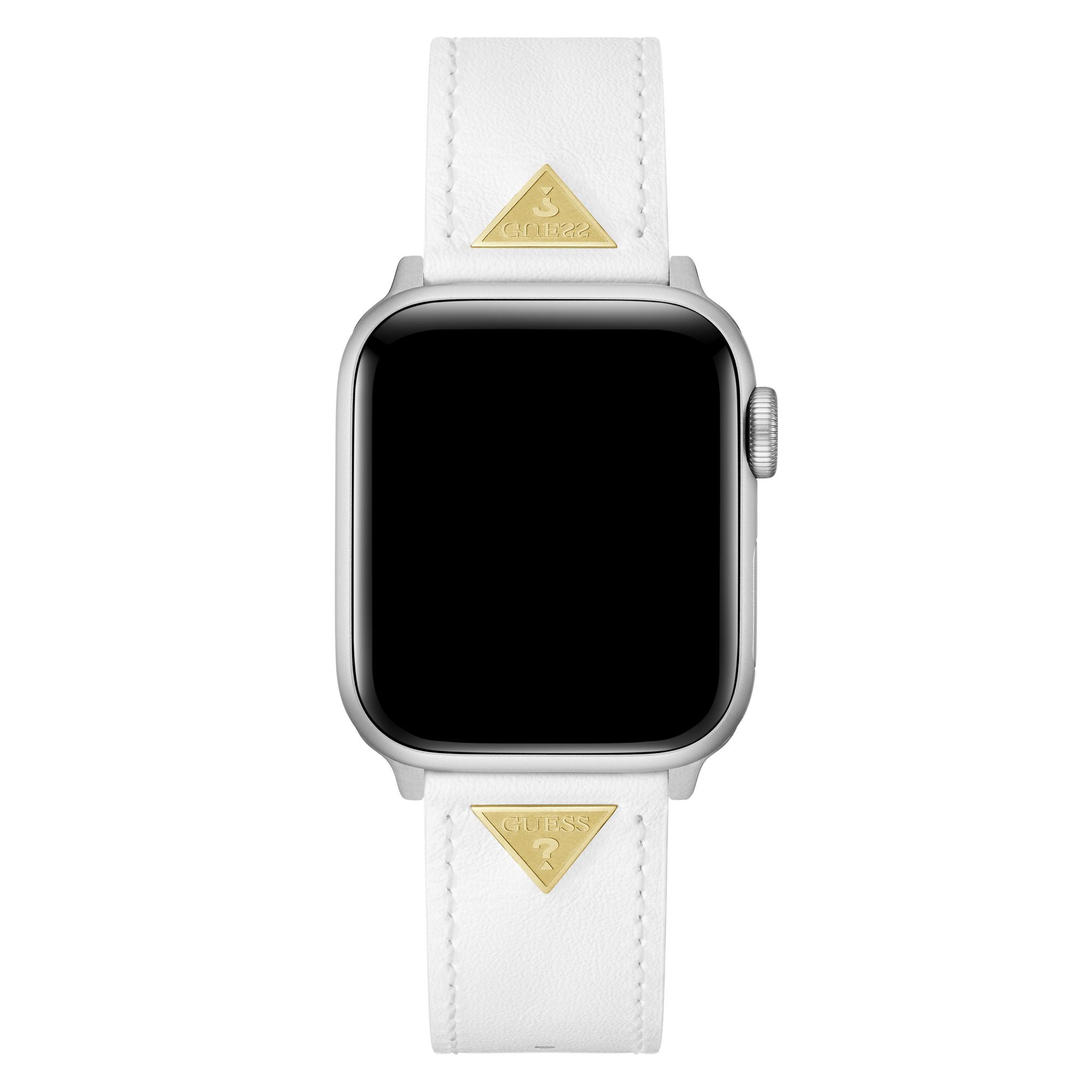 GUESS STRAP WITH GOLD TRIANGLE PLAQUE & WHITE LEATHER STRAP