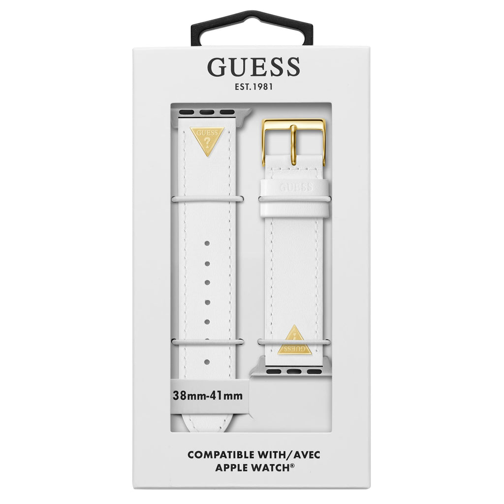 GUESS STRAP WITH GOLD TRIANGLE PLAQUE & WHITE LEATHER STRAP