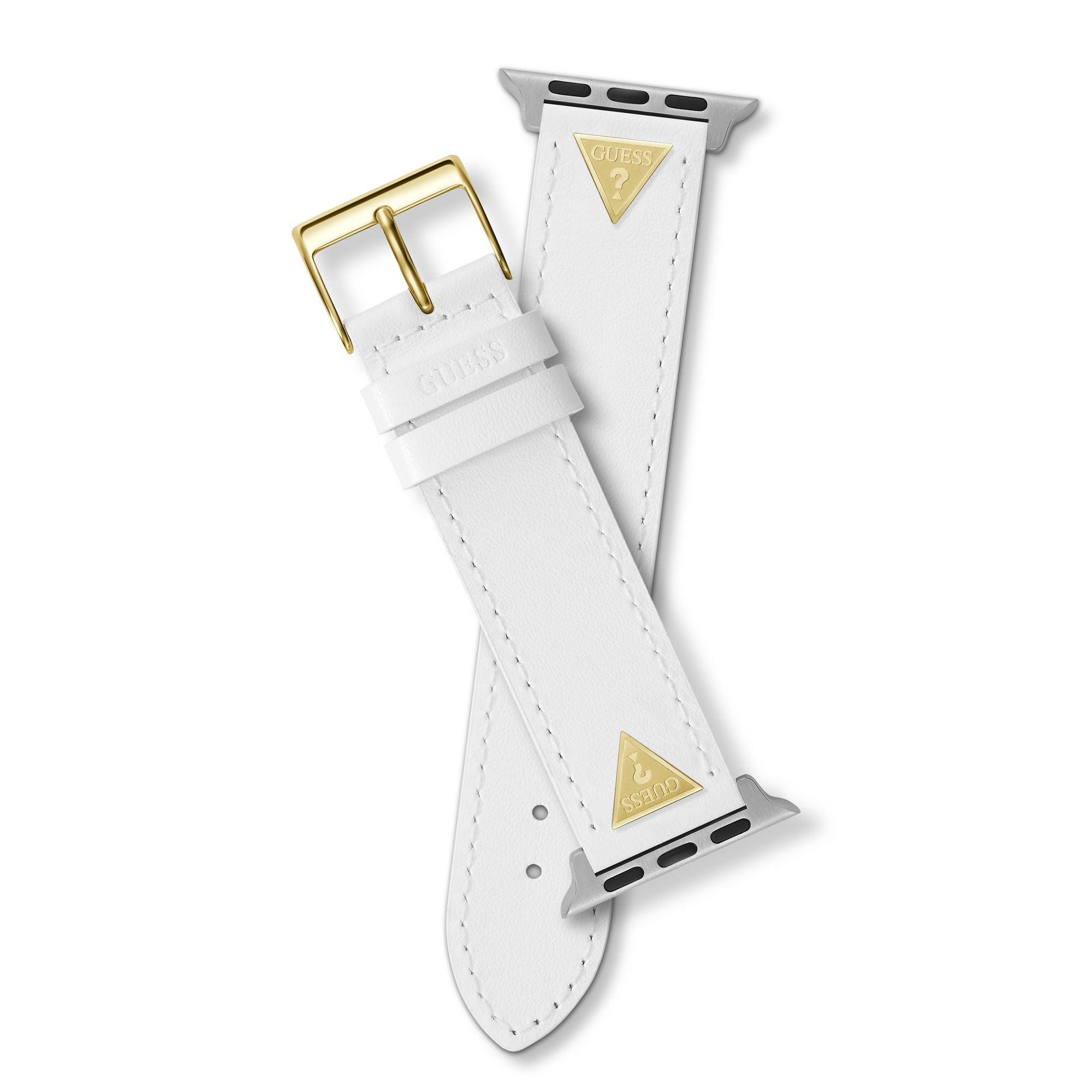 GUESS STRAP WITH GOLD TRIANGLE PLAQUE & WHITE LEATHER STRAP