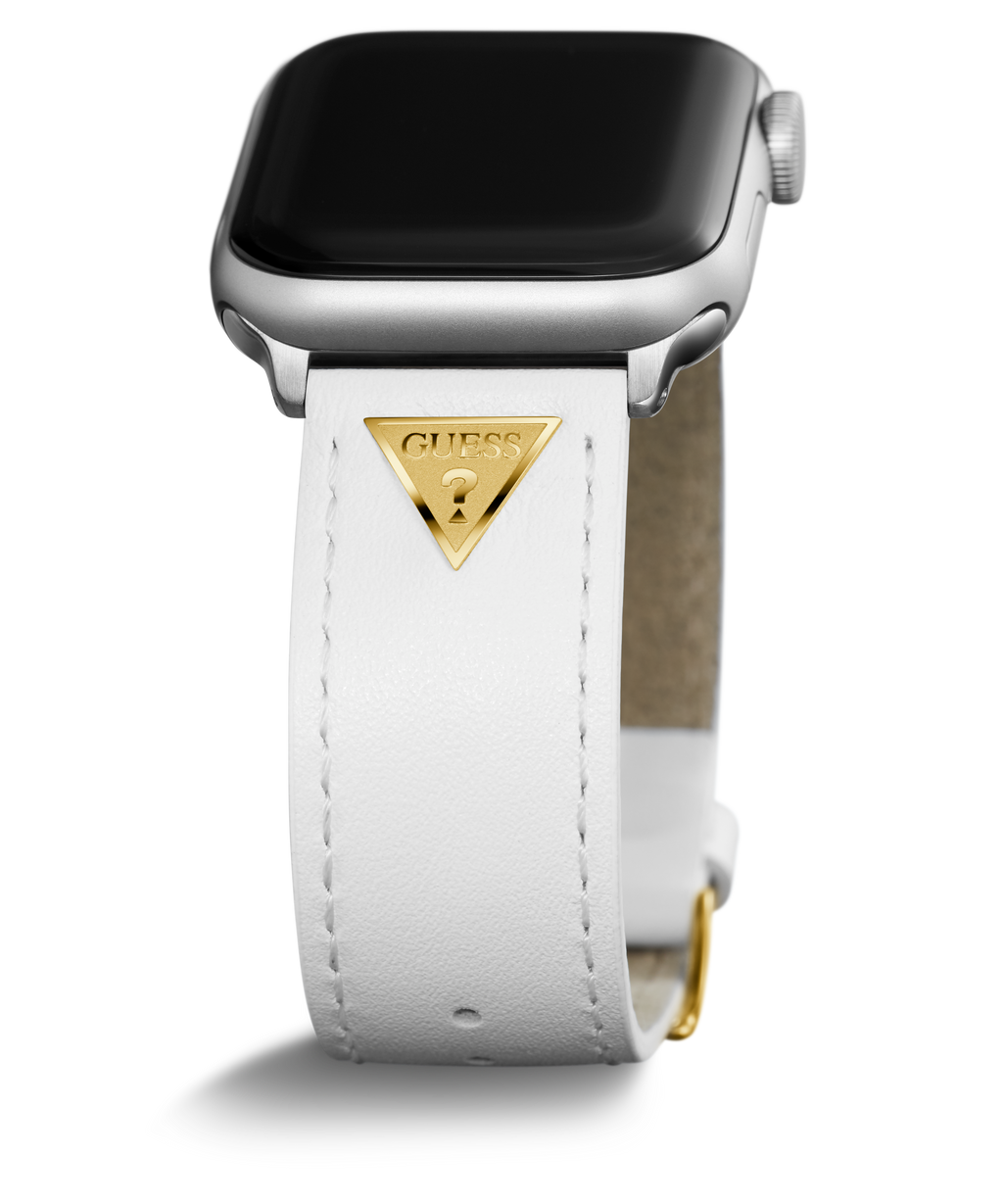 GUESS STRAP WITH GOLD TRIANGLE PLAQUE & WHITE LEATHER STRAP