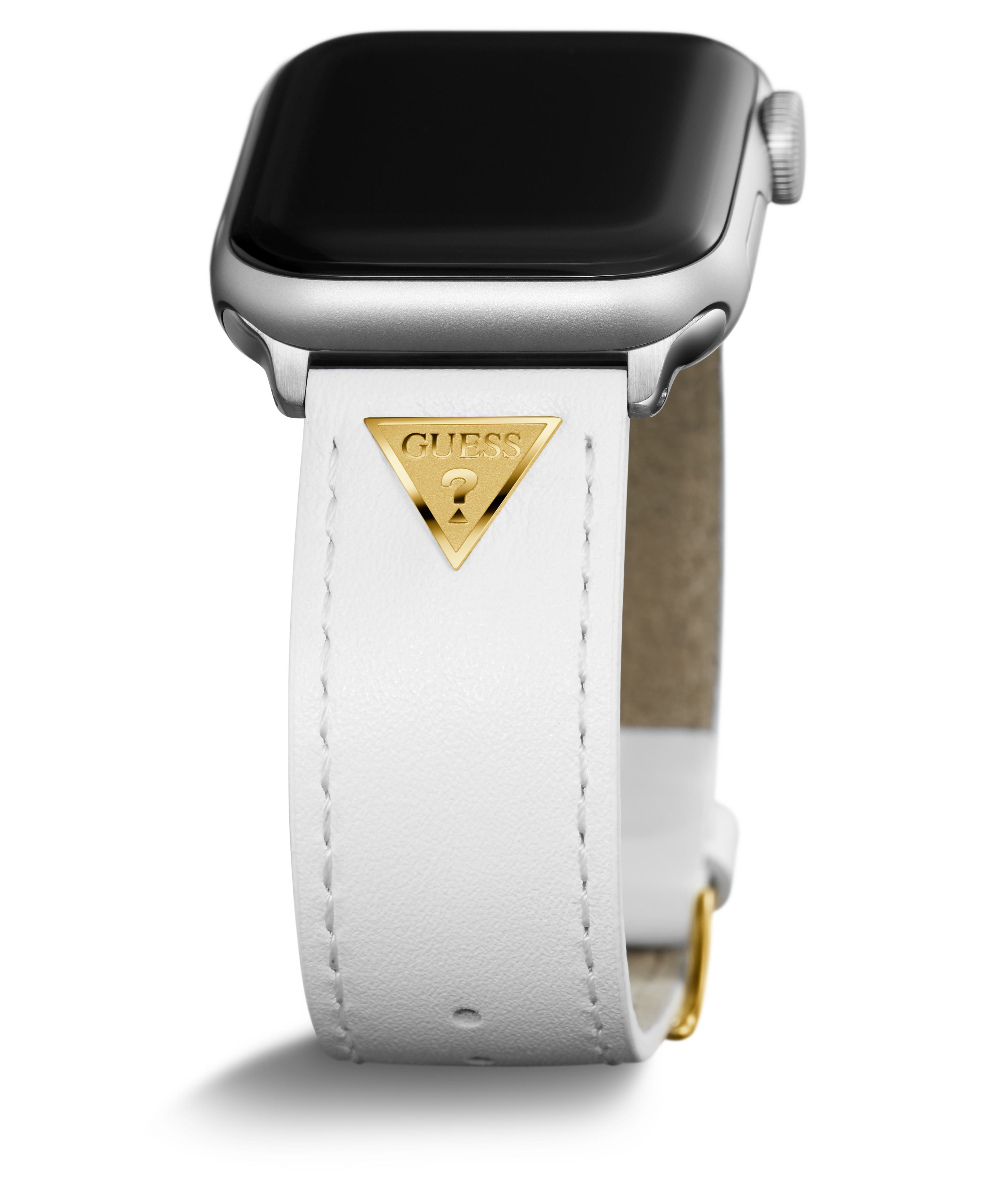 GUESS STRAP WITH GOLD TRIANGLE PLAQUE & WHITE LEATHER STRAP