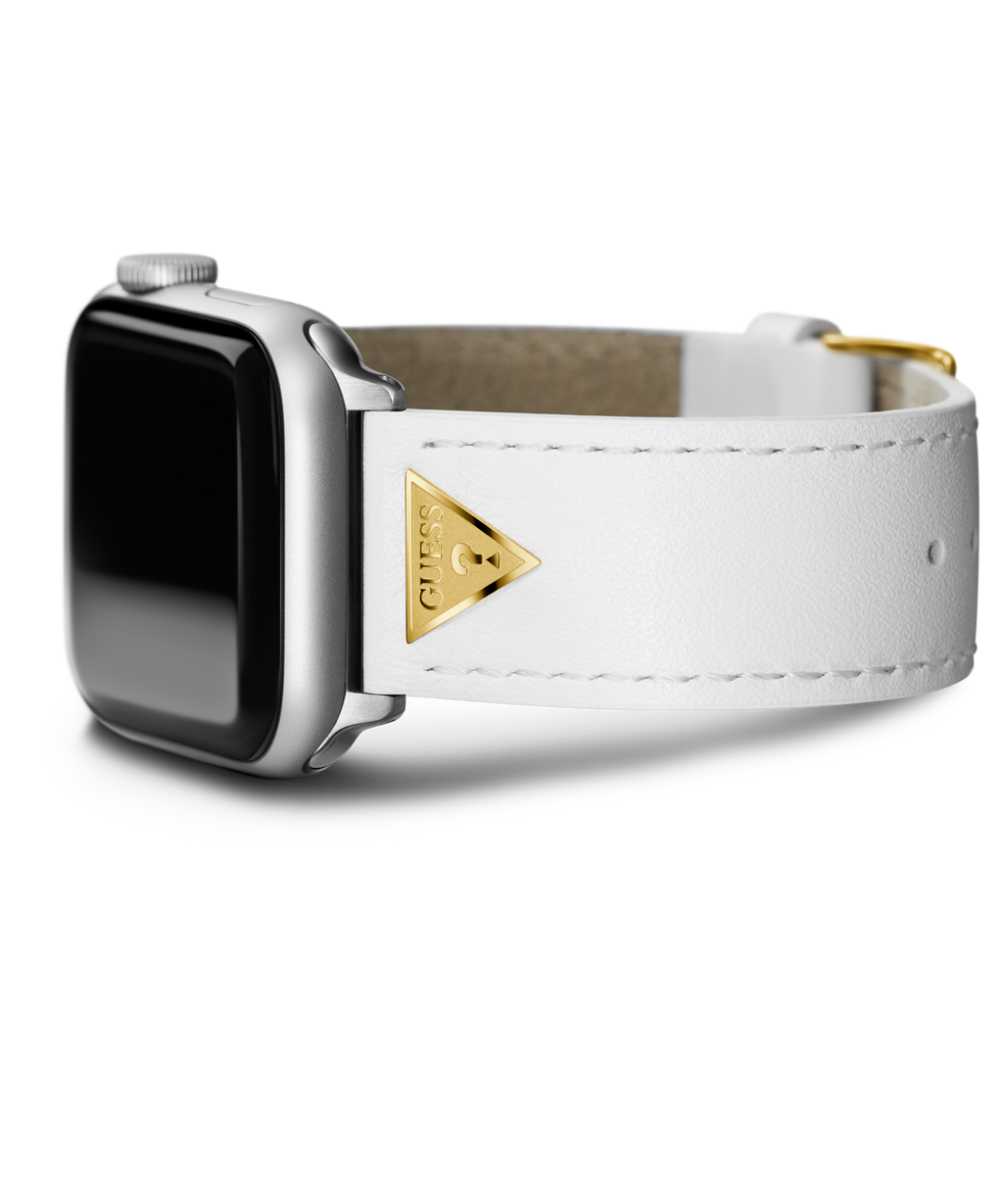 GUESS STRAP WITH GOLD TRIANGLE PLAQUE & WHITE LEATHER STRAP