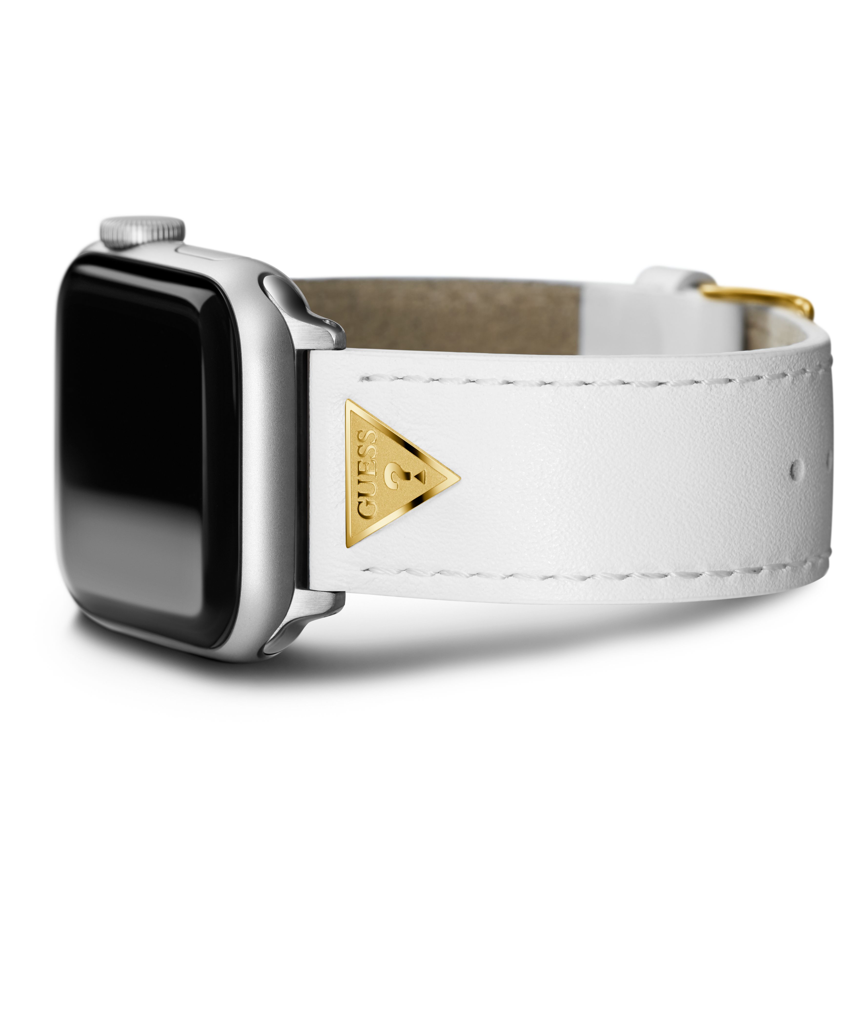 GUESS STRAP WITH GOLD TRIANGLE PLAQUE & WHITE LEATHER STRAP