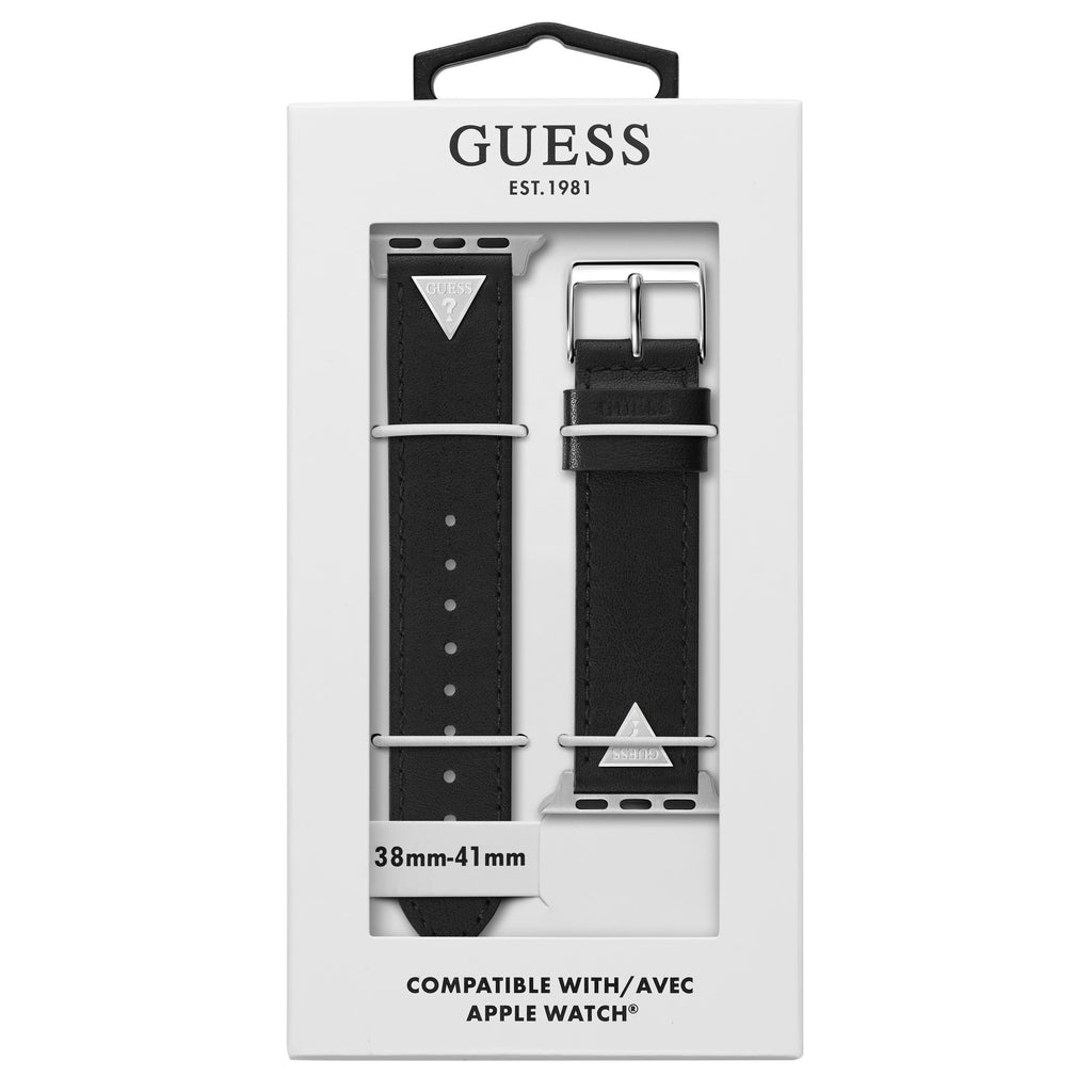 GUESS STRAP WITH SILVER TRIANGLE PLAQUE & BLACK LEATHER STRAP