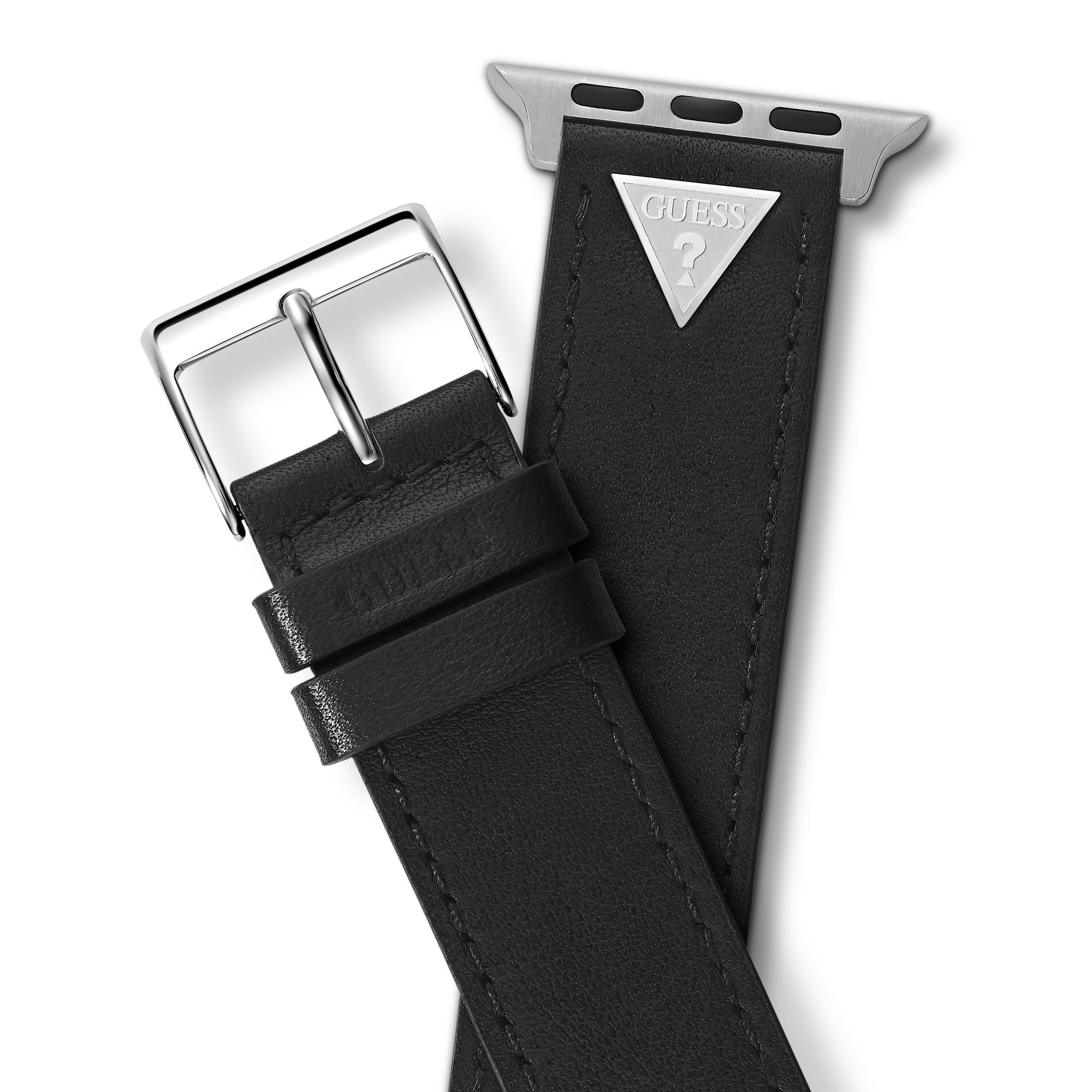 GUESS STRAP WITH SILVER TRIANGLE PLAQUE & BLACK LEATHER STRAP