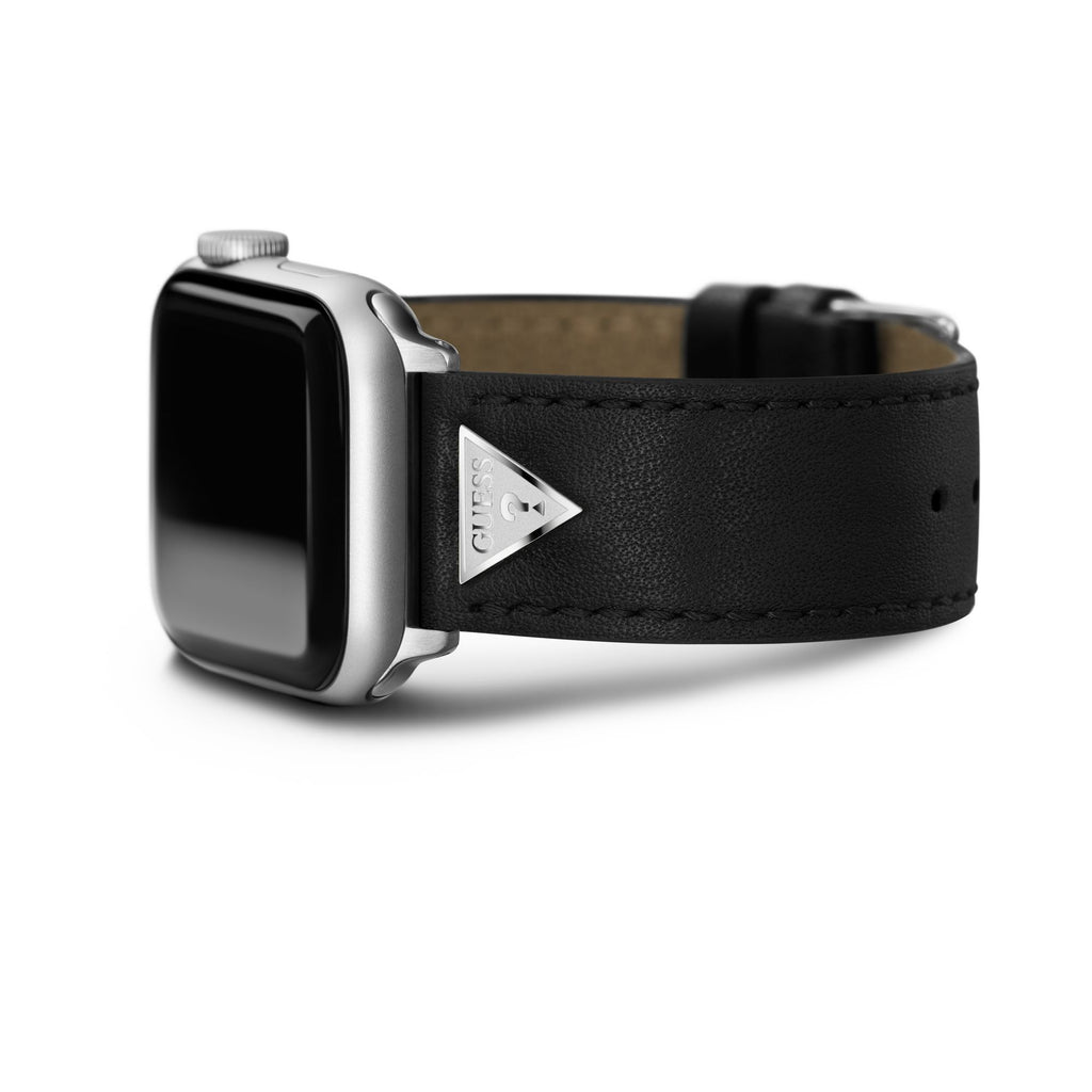 GUESS STRAP WITH SILVER TRIANGLE PLAQUE & BLACK LEATHER STRAP