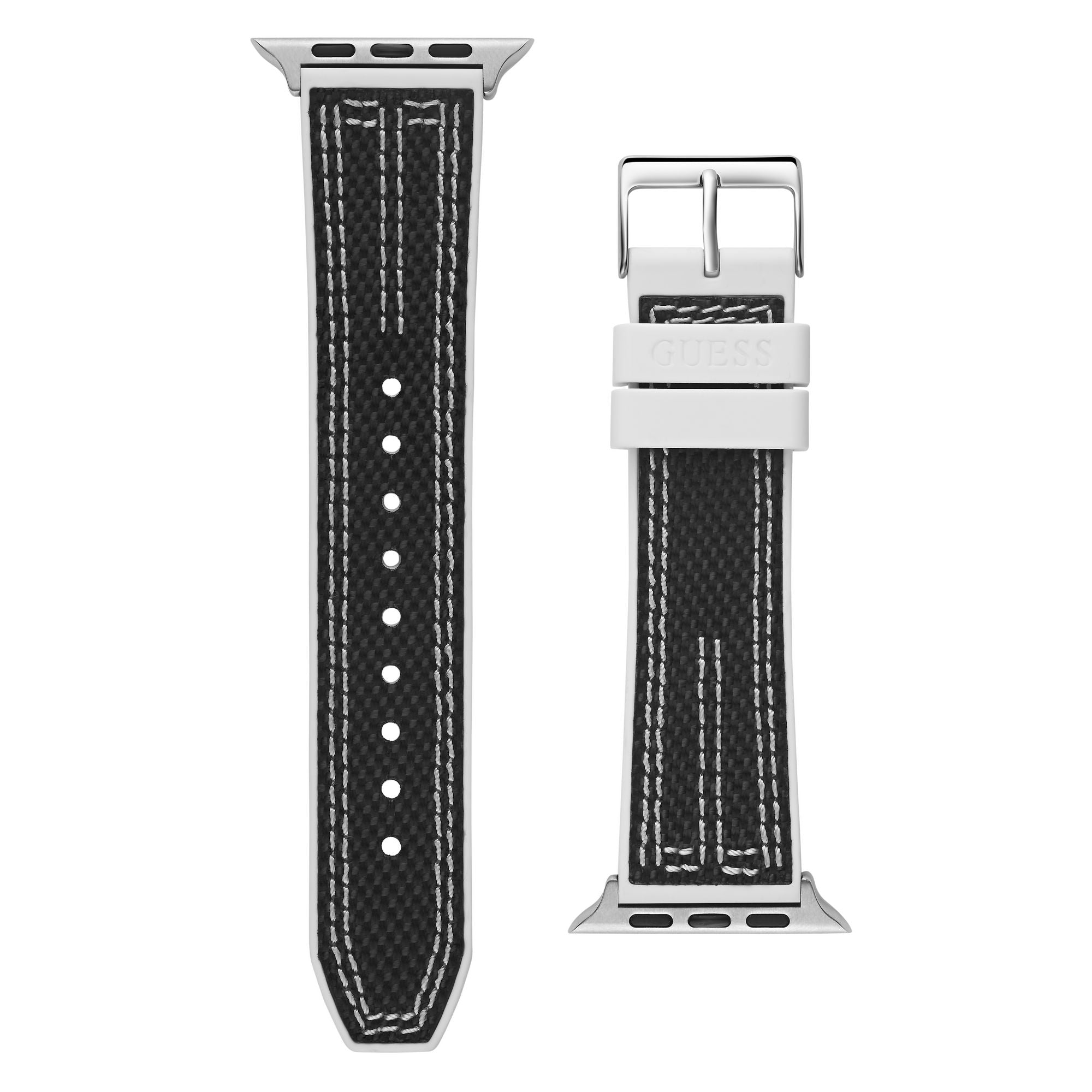 GUESS NYLON FLEX SILVER BUCKLE & WHITE STITCHED BLACK SILICONE STRAP