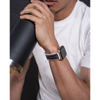 GUESS NYLON FLEX SILVER BUCKLE & WHITE STITCHED BLACK SILICONE STRAP