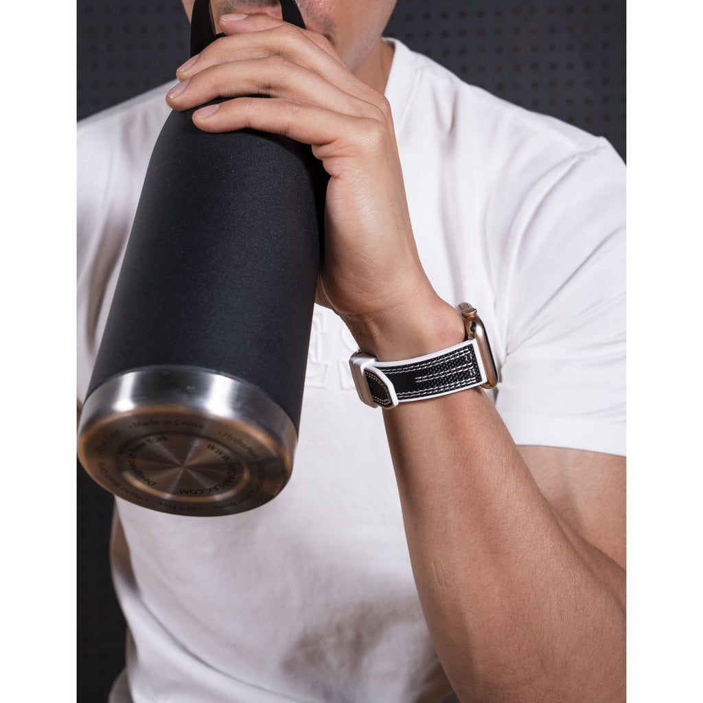 GUESS NYLON FLEX SILVER BUCKLE & WHITE STITCHED BLACK SILICONE STRAP