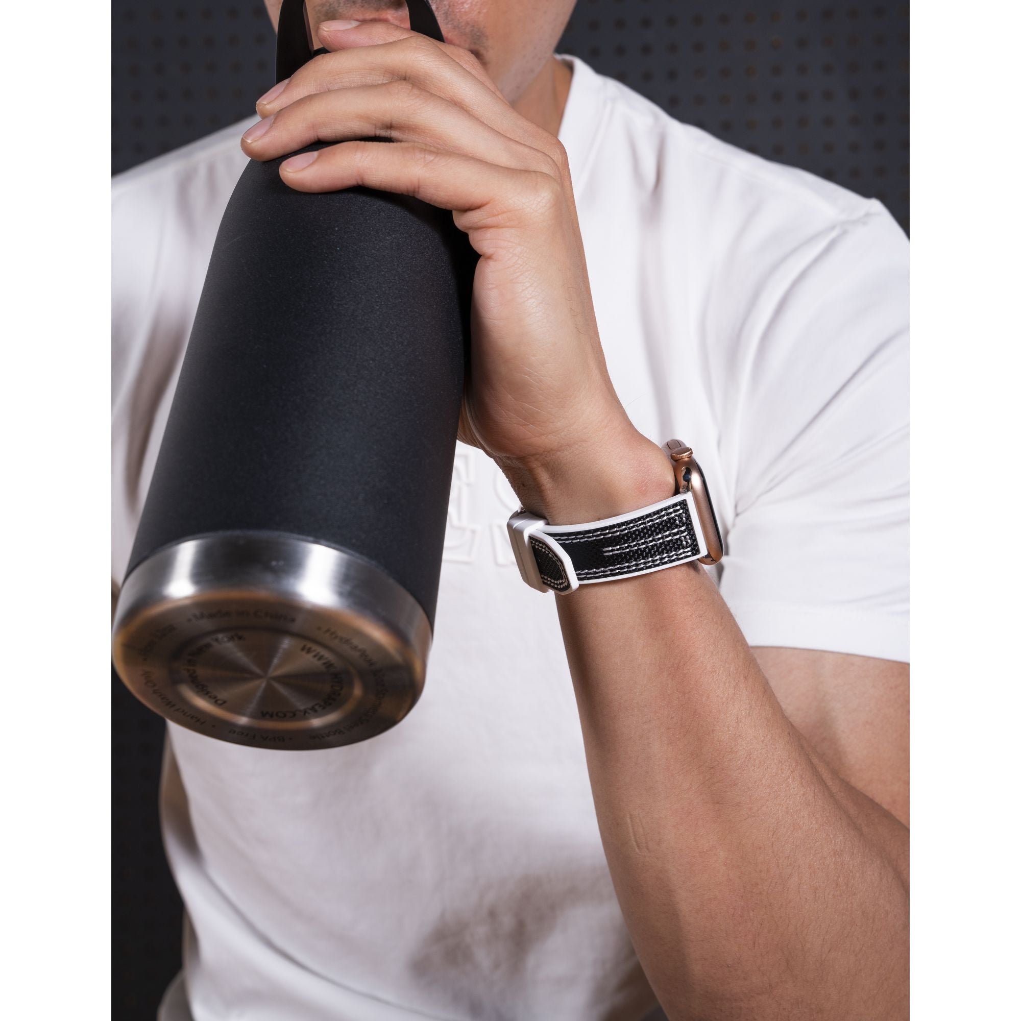 GUESS NYLON FLEX SILVER BUCKLE & WHITE STITCHED BLACK SILICONE STRAP