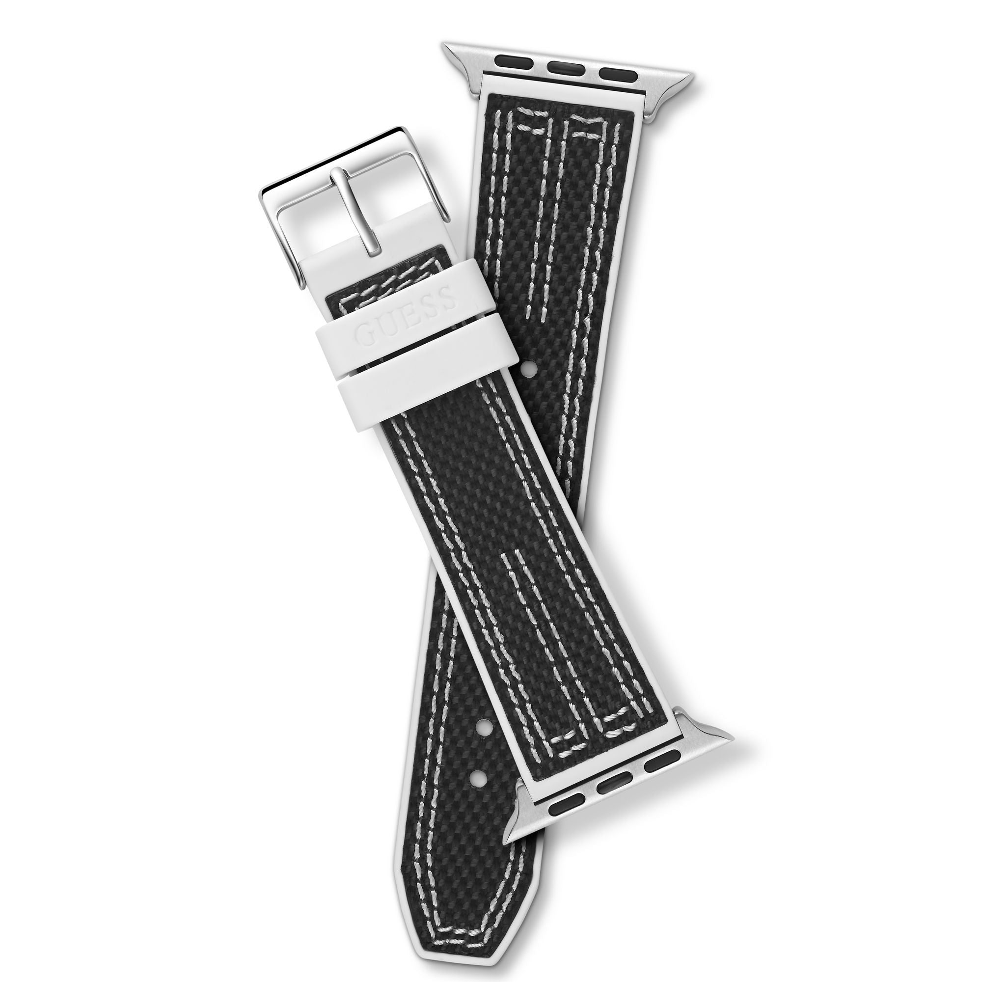 GUESS NYLON FLEX SILVER BUCKLE & WHITE STITCHED BLACK SILICONE STRAP