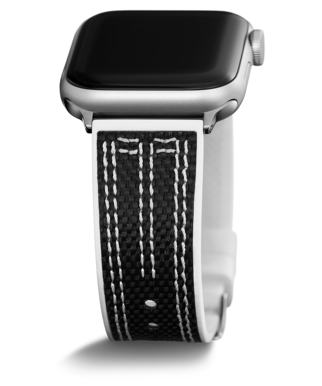 GUESS NYLON FLEX SILVER BUCKLE & WHITE STITCHED BLACK SILICONE STRAP