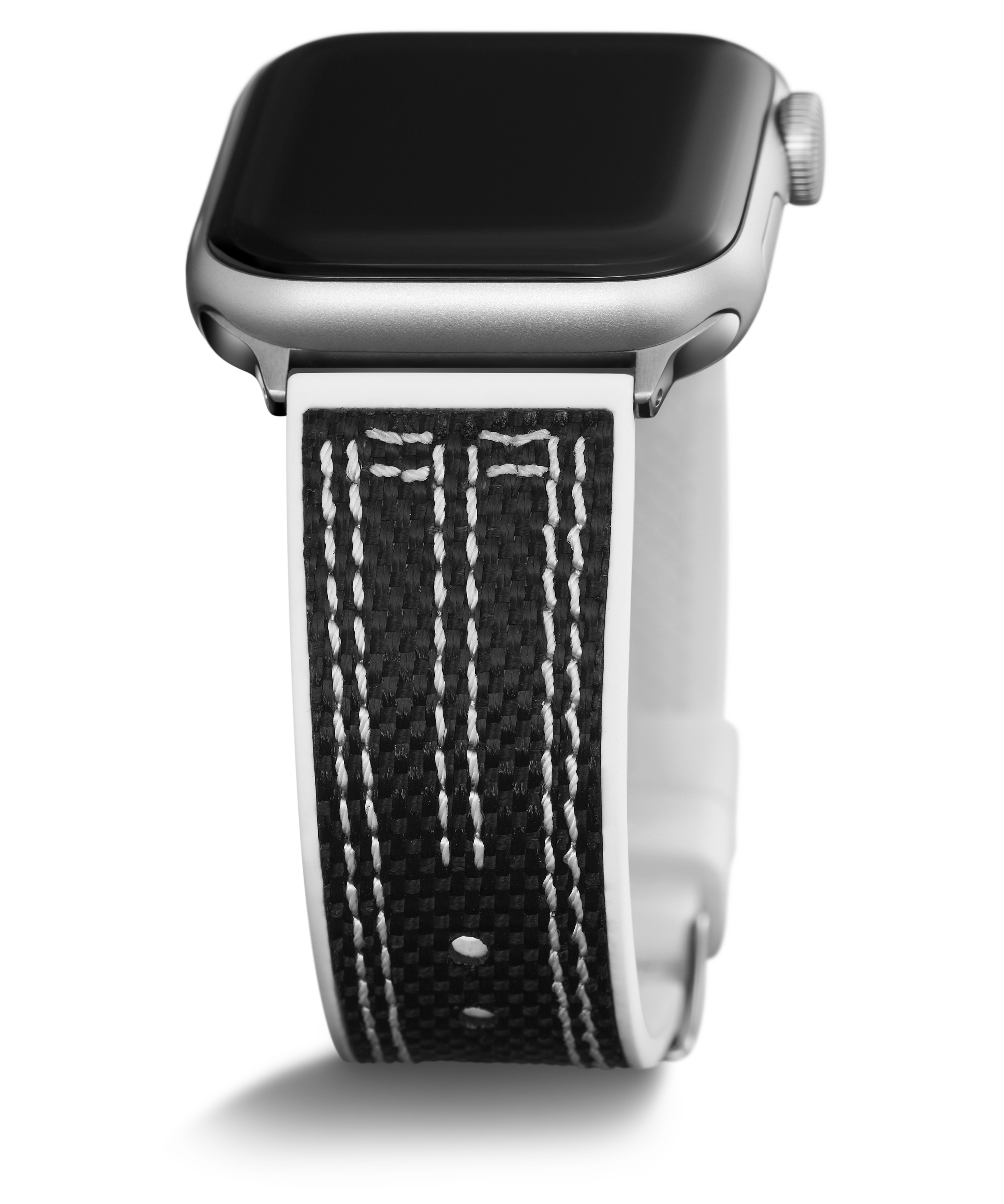 GUESS NYLON FLEX SILVER BUCKLE & WHITE STITCHED BLACK SILICONE STRAP