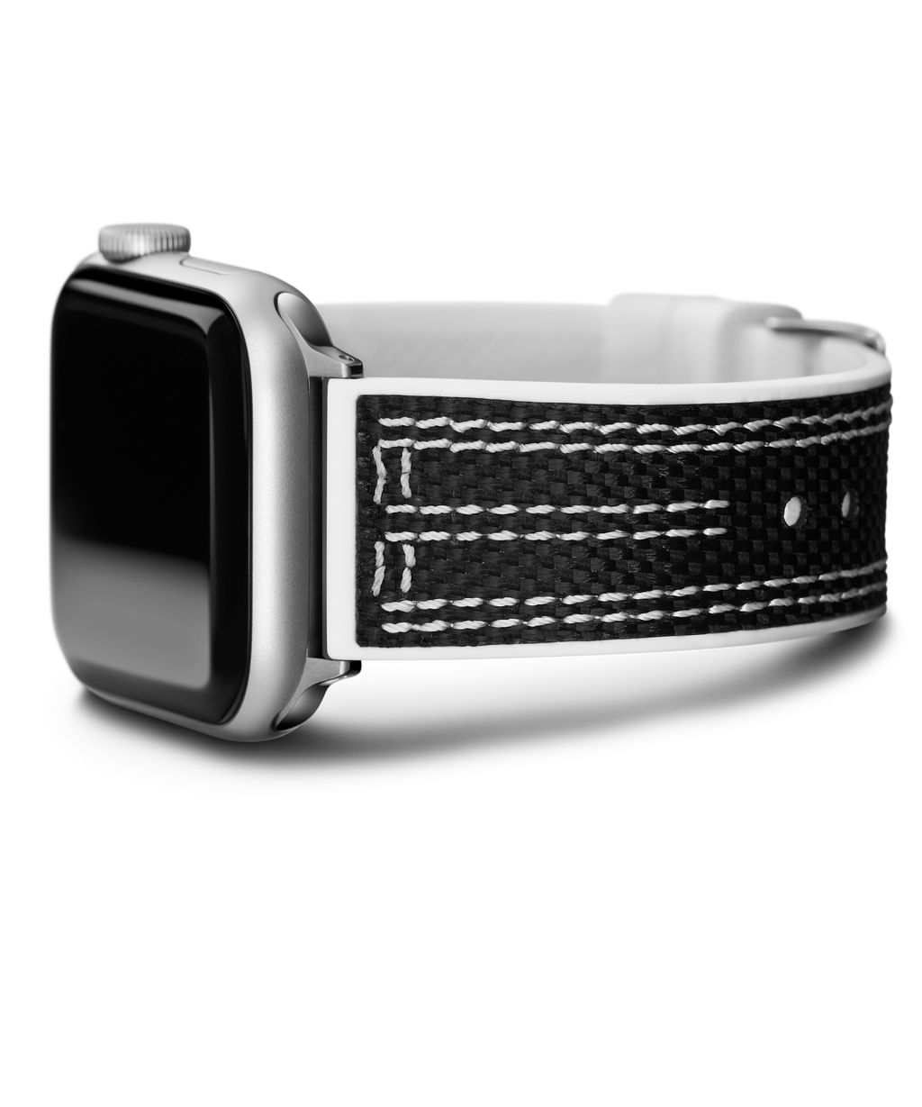 GUESS NYLON FLEX SILVER BUCKLE & WHITE STITCHED BLACK SILICONE STRAP