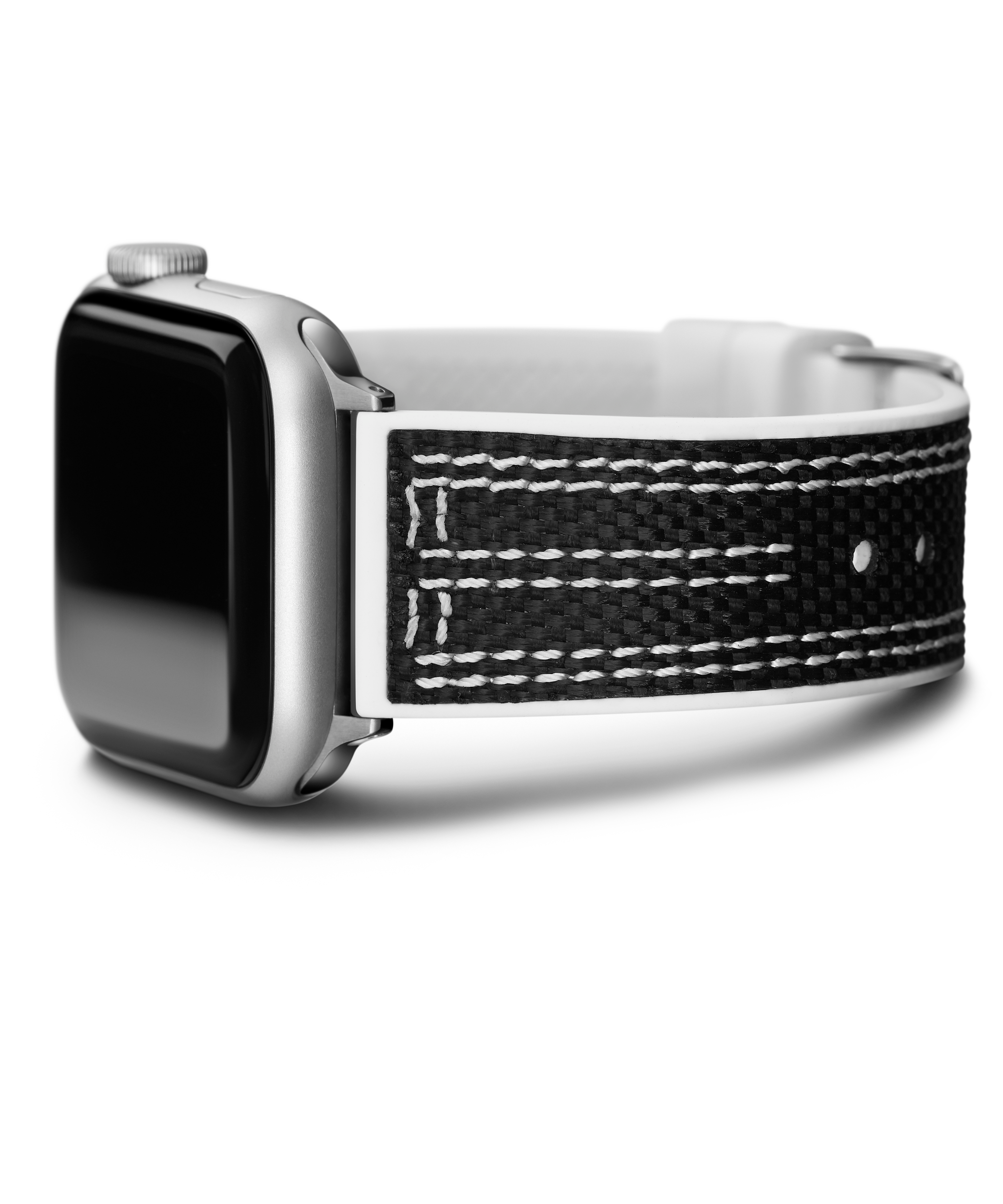GUESS NYLON FLEX SILVER BUCKLE & WHITE STITCHED BLACK SILICONE STRAP