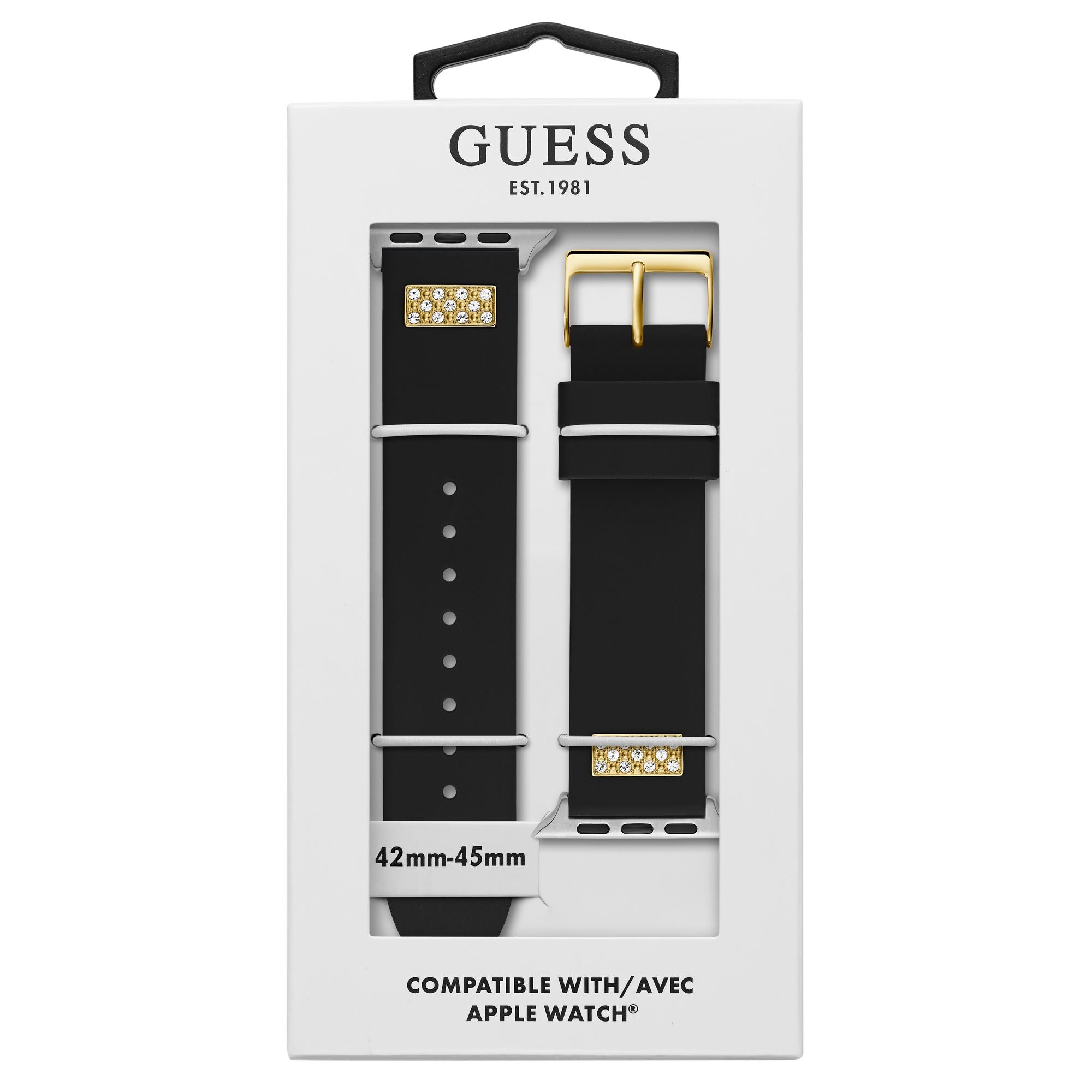 GUESS FRONTIER STRAP WITH STONES GOLD BUCKLE & BLACK SILICONE STRAP