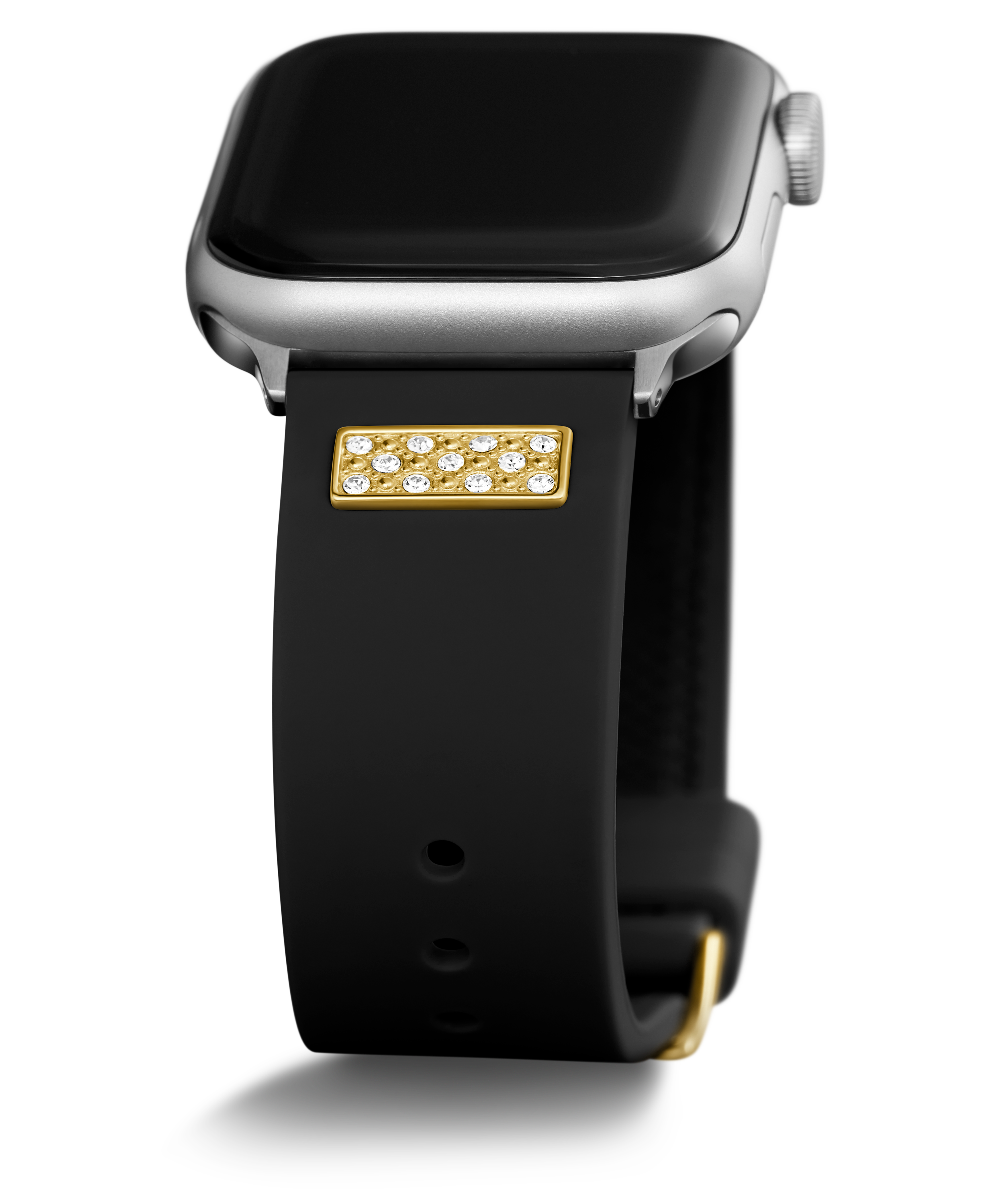 GUESS FRONTIER STRAP WITH STONES GOLD BUCKLE & BLACK SILICONE STRAP