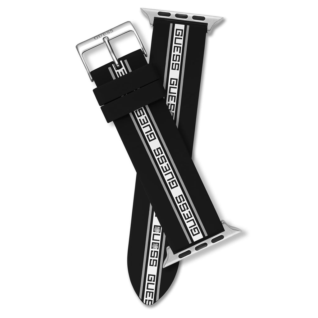 GUESS STRAP WITH BLACK & WHITE LOGO ON SILICONE BLACK STRAP