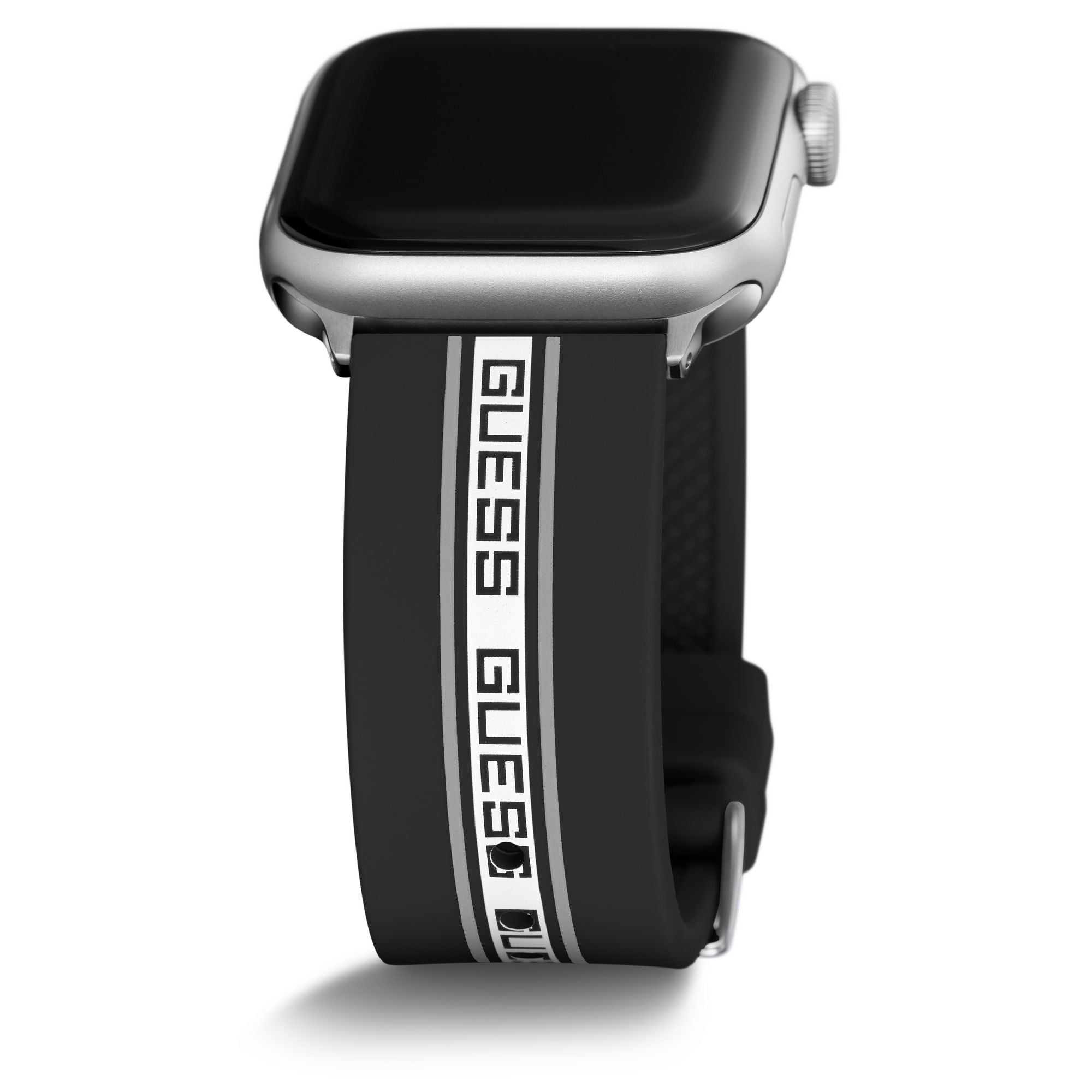 GUESS STRAP WITH BLACK & WHITE LOGO ON SILICONE BLACK STRAP
