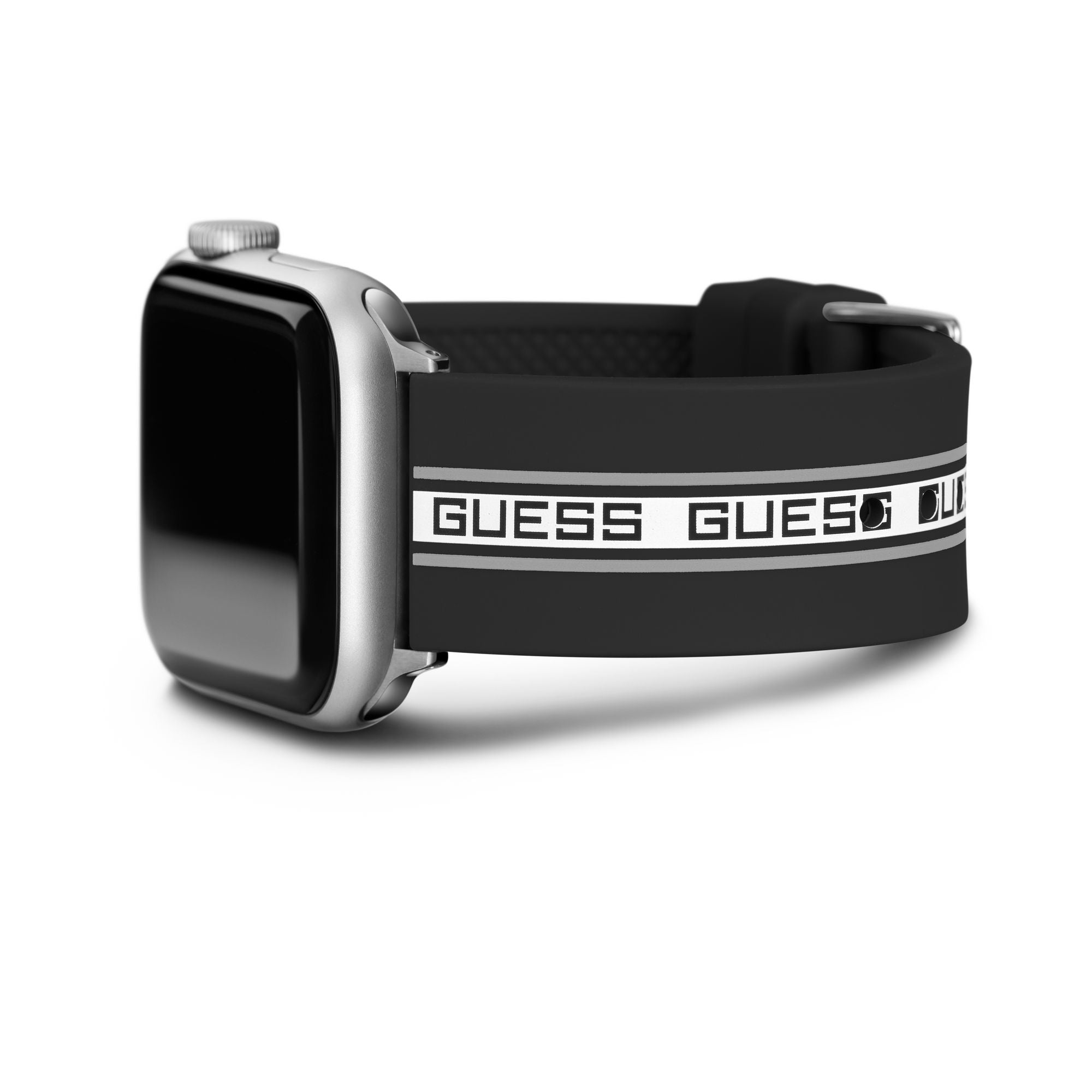 GUESS STRAP WITH BLACK & WHITE LOGO ON SILICONE BLACK STRAP