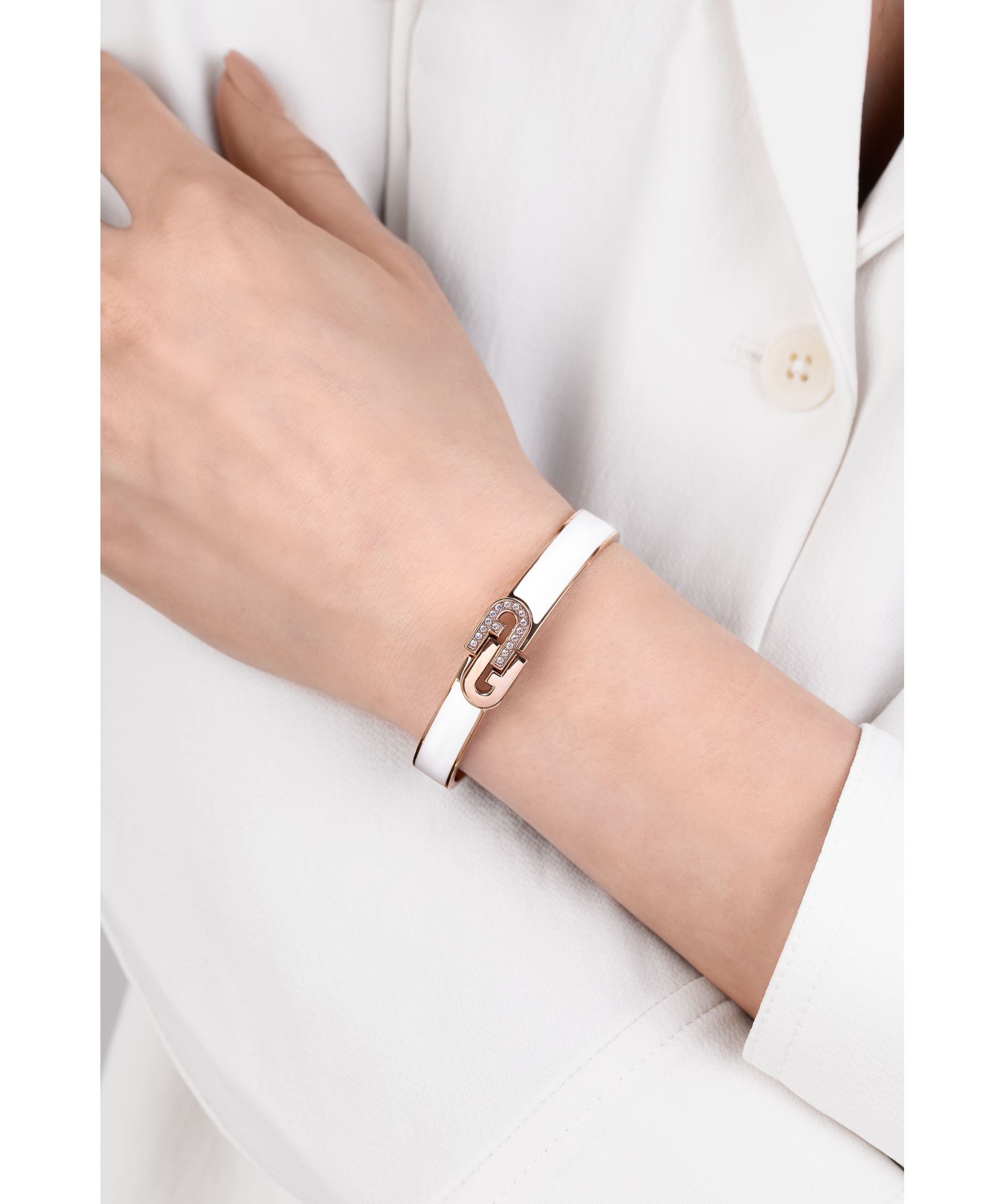 FURLA WHITE ENAMEL BANGLE WITH CRYSTAL AND ROSEGOLD LOGO