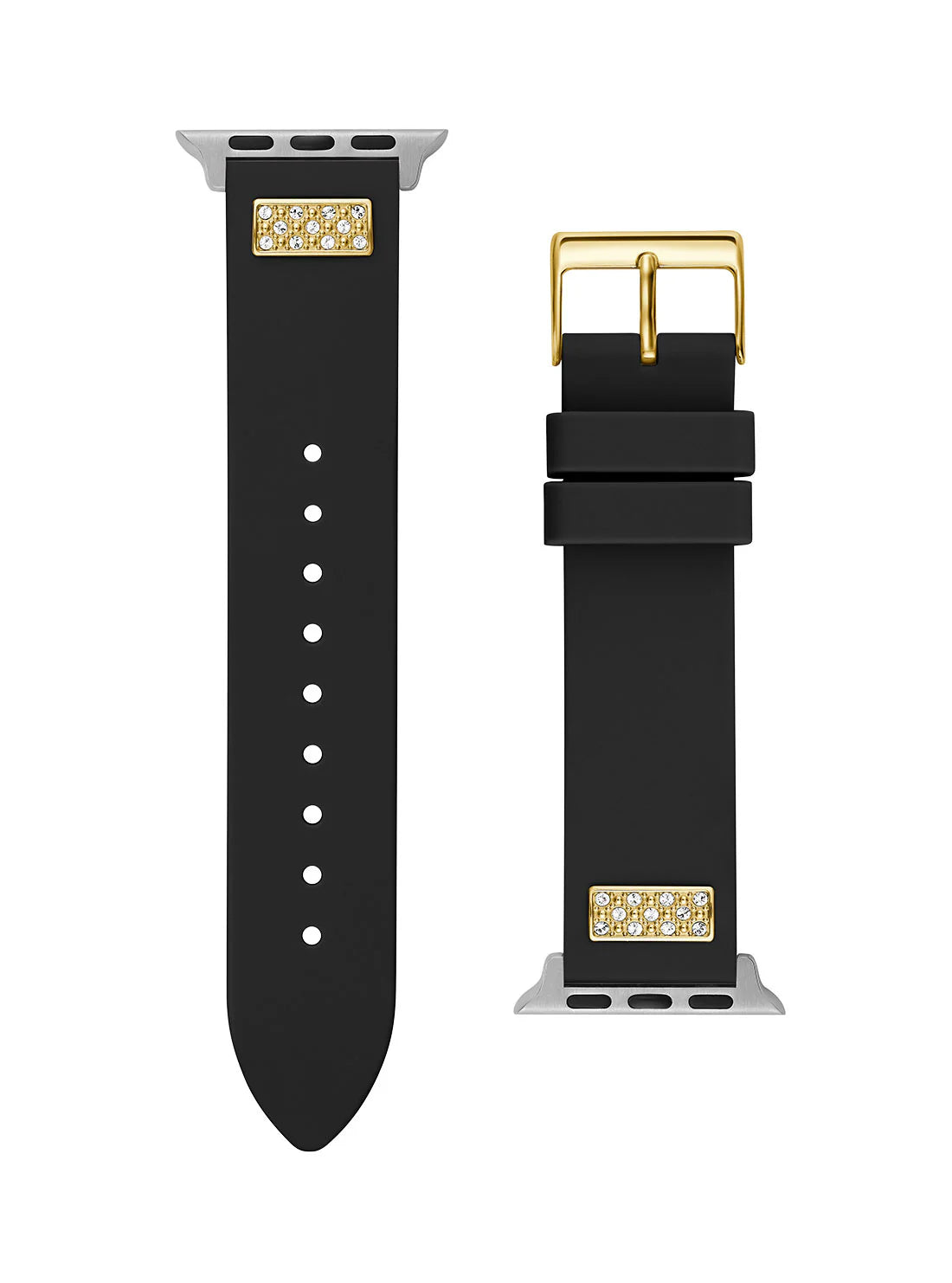 GUESS FRONTIER WATCH STRAP WITH STONES GOLD BUCKLE & BLACK SILICONE STRAP