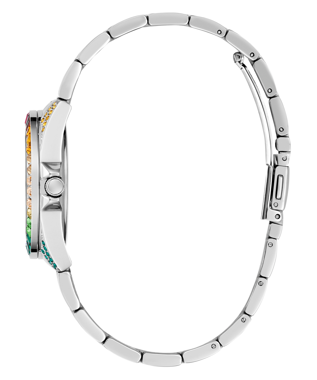 GUESS OPALINE MULTI COLOURED CRYSTAL SILVER BRACELET WATCH