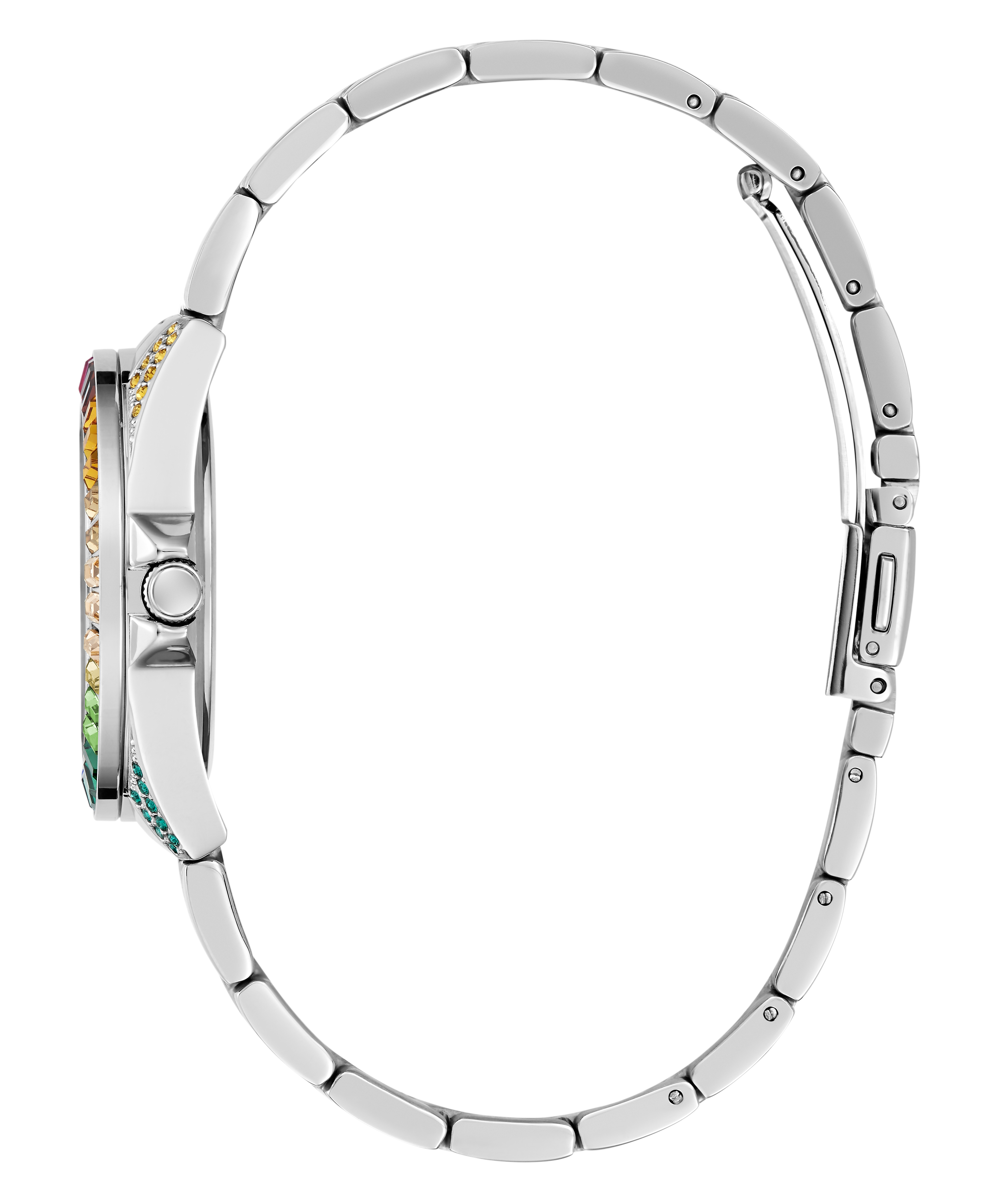 GUESS OPALINE MULTI COLOURED CRYSTAL SILVER BRACELET WATCH