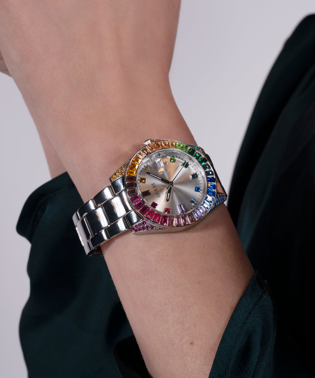 GUESS OPALINE MULTI COLOURED CRYSTAL SILVER BRACELET WATCH