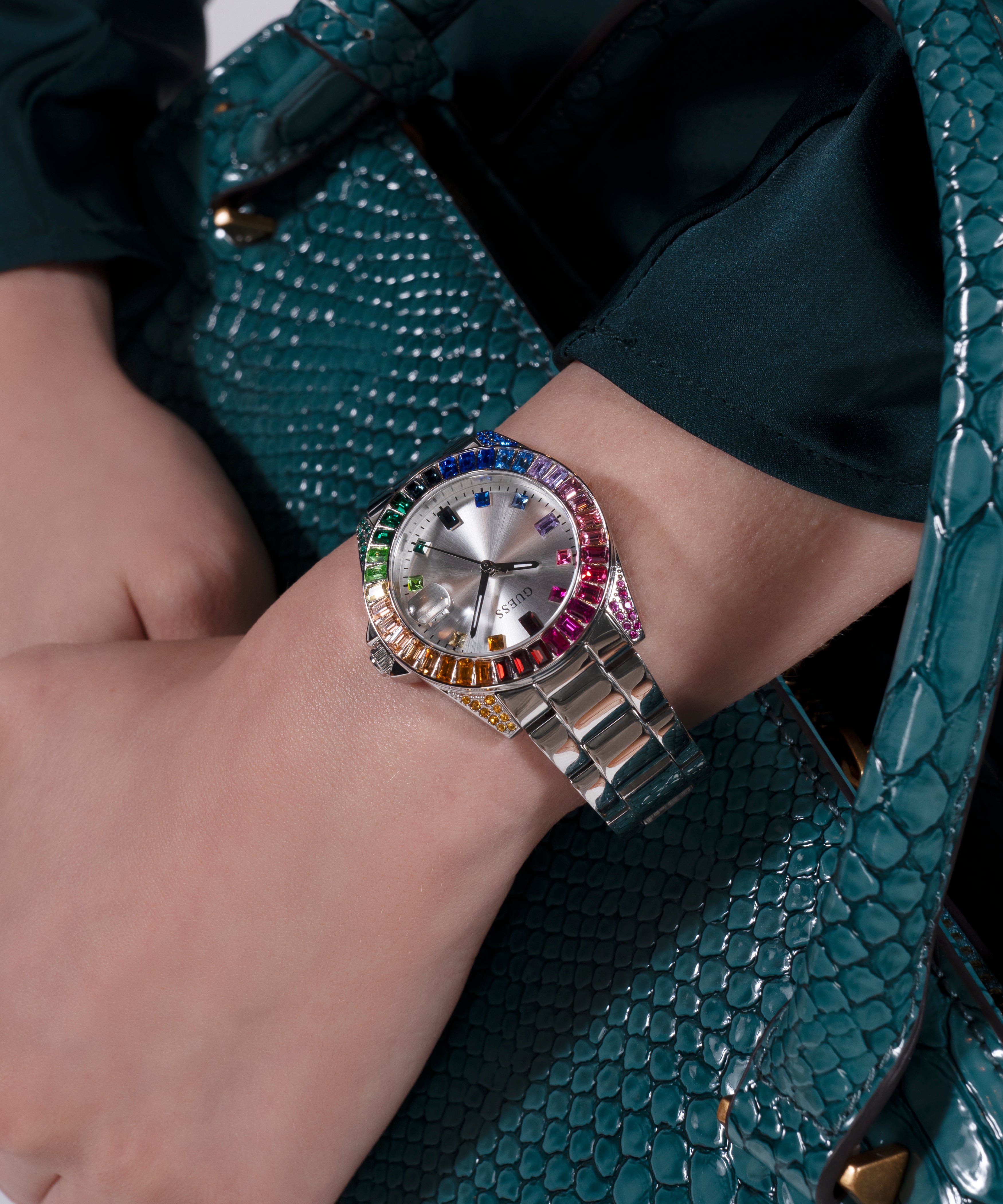 GUESS OPALINE MULTI COLOURED CRYSTAL SILVER BRACELET WATCH