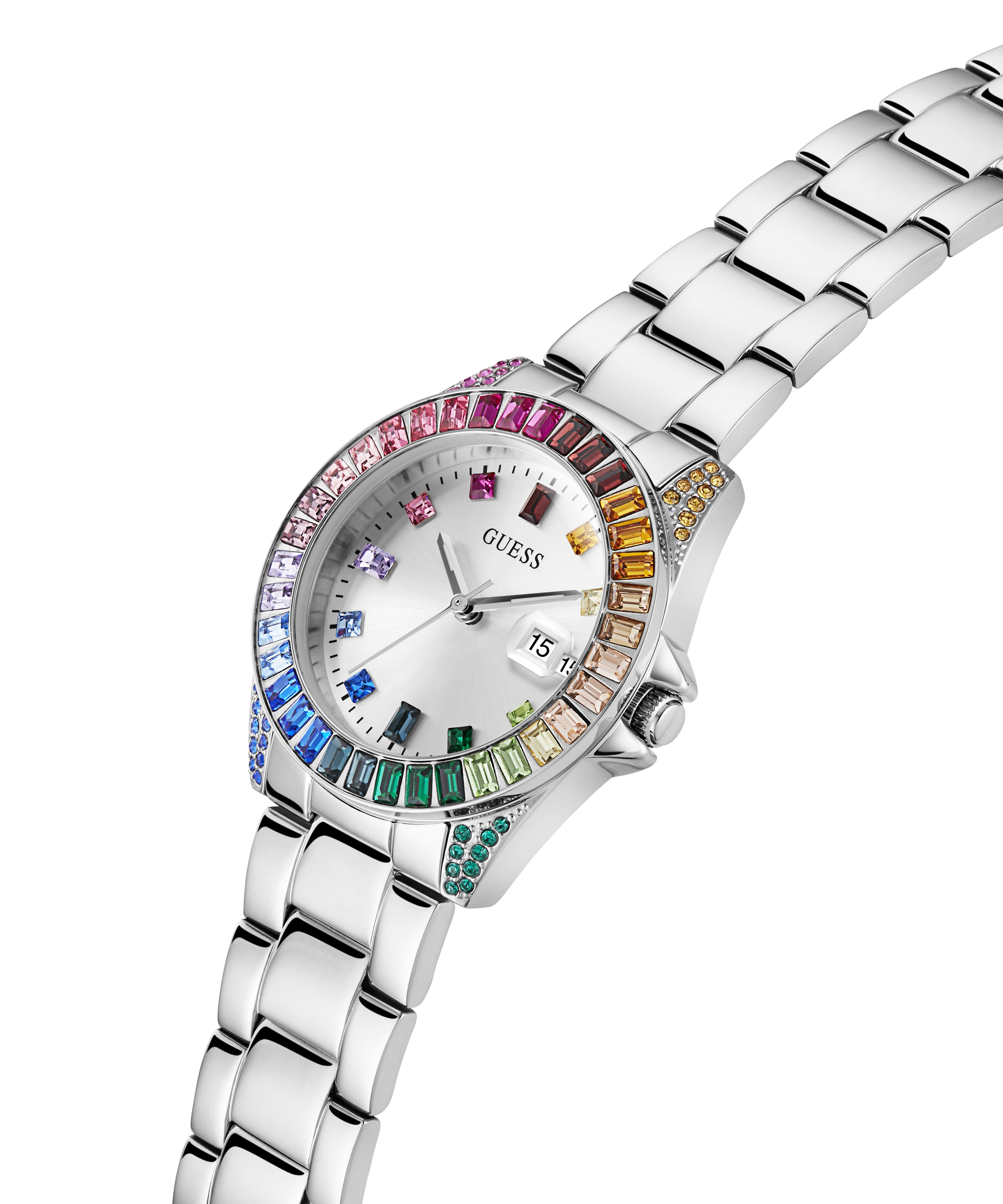 GUESS OPALINE MULTI COLOURED CRYSTAL SILVER BRACELET WATCH