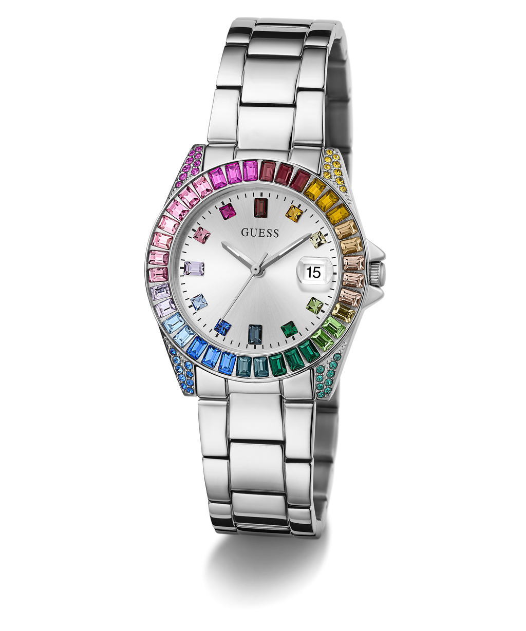 GUESS OPALINE MULTI COLOURED CRYSTAL SILVER BRACELET WATCH