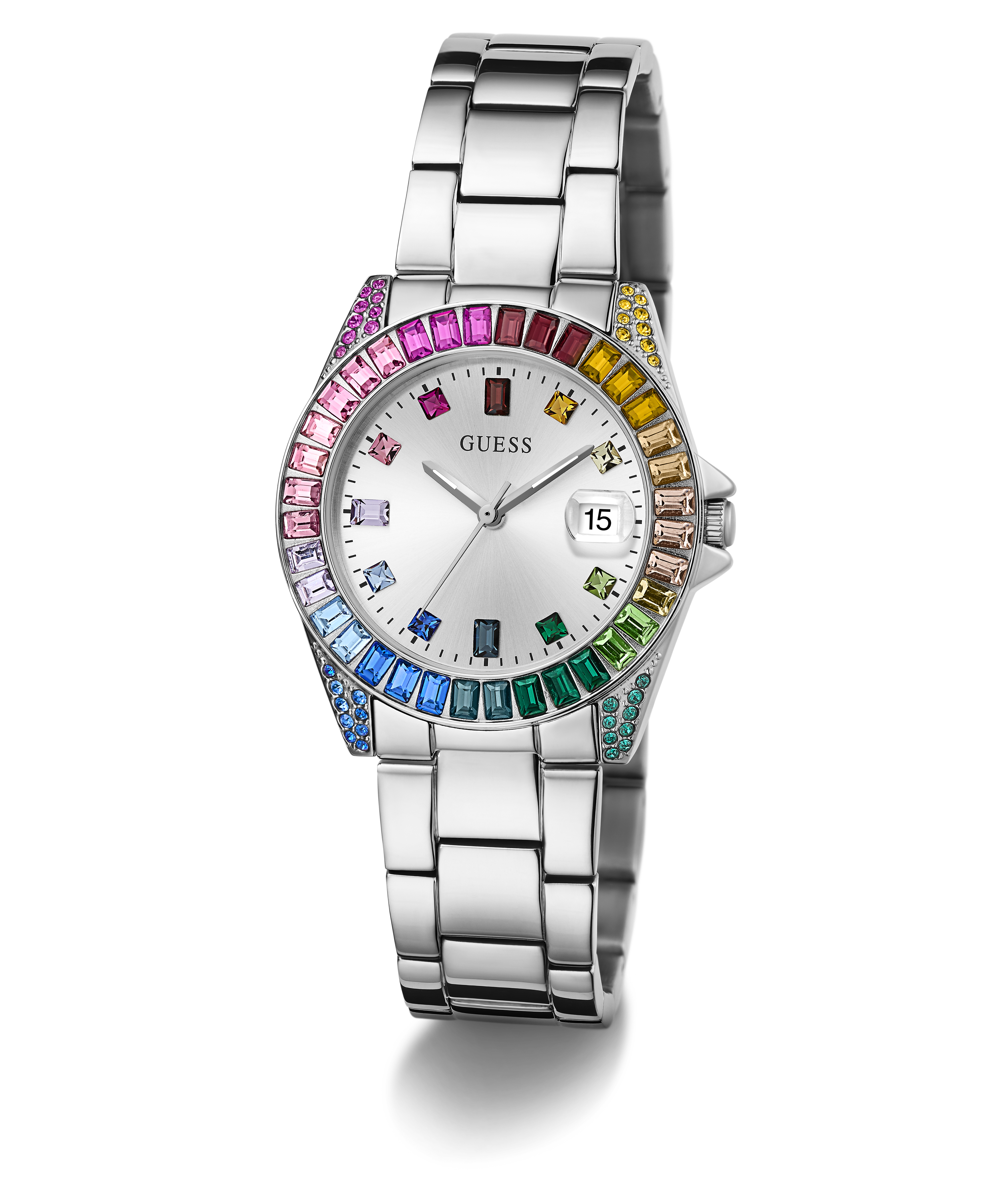 GUESS OPALINE MULTI COLOURED CRYSTAL SILVER BRACELET WATCH