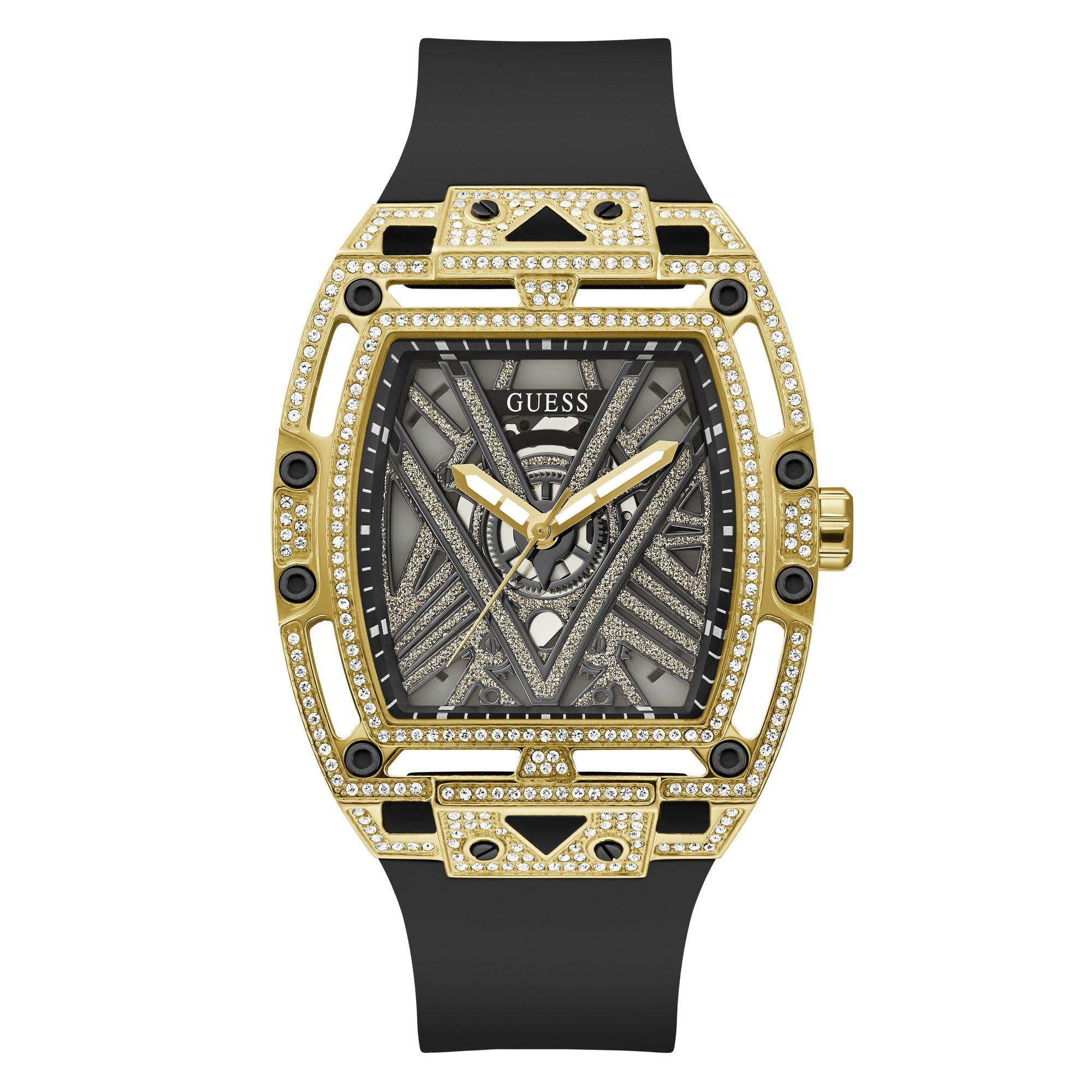 GUESS LEGEND GOLD WATCH WITH BLACK SILICONE STRAP