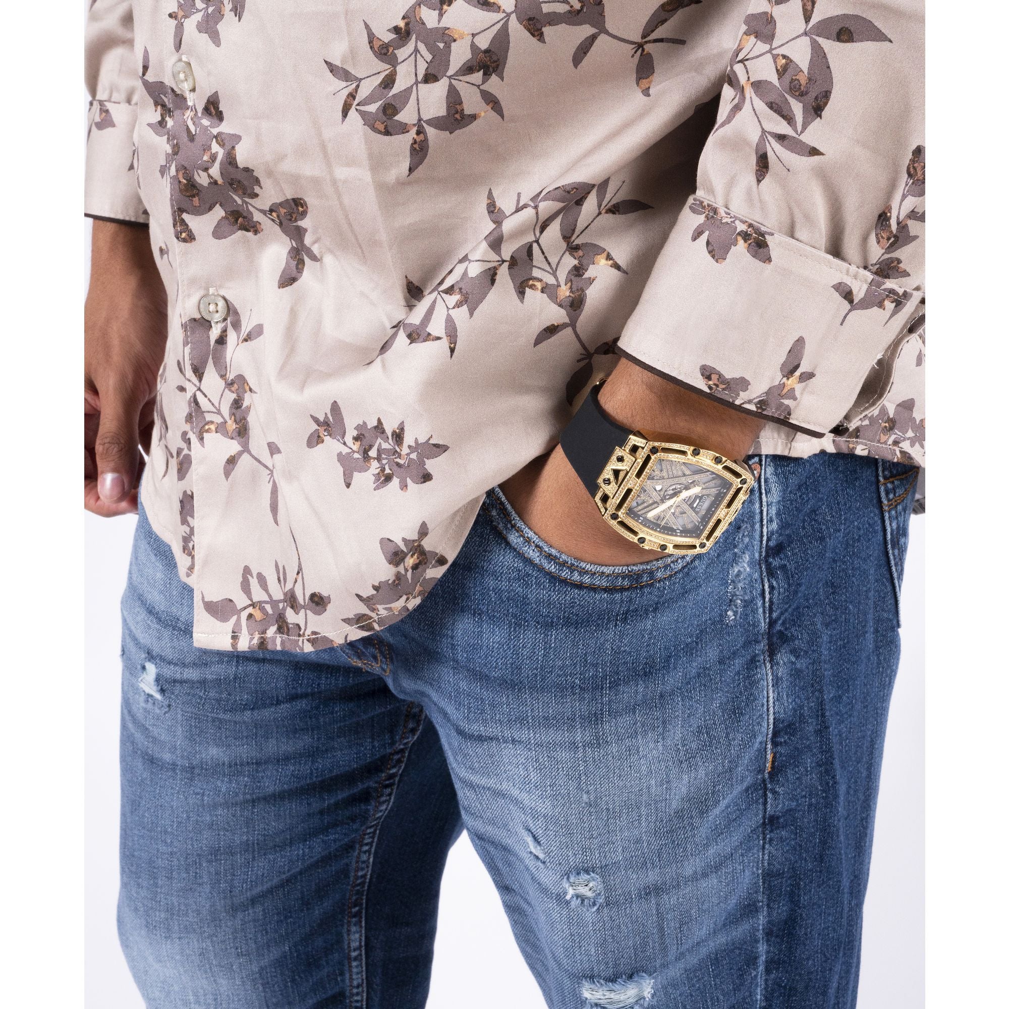 GUESS LEGEND GOLD WATCH WITH BLACK SILICONE STRAP