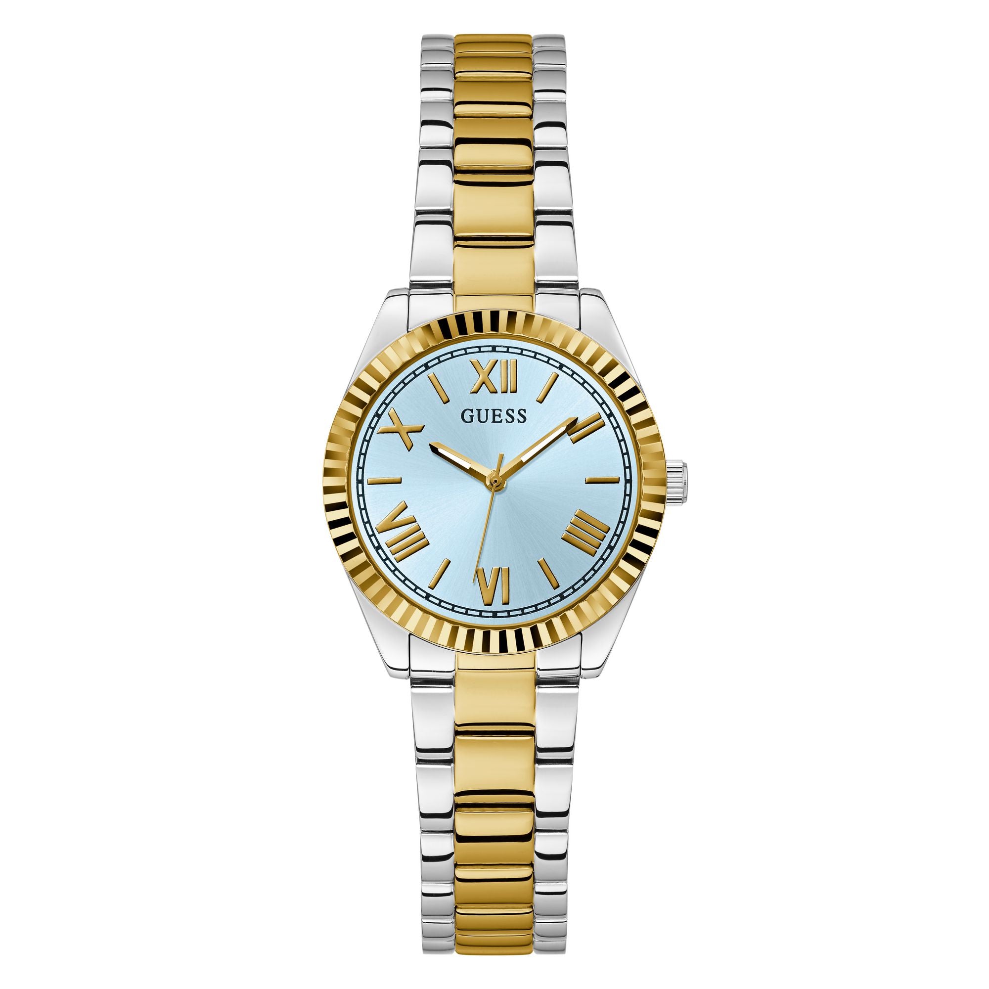 GUESS MINI LUNA BLUE DIAL 2 TONE GOLD & SILVER BRACELET WATCH