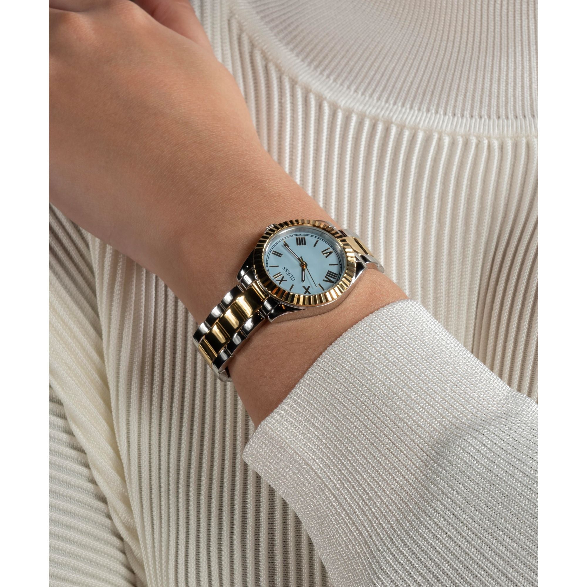 GUESS MINI LUNA BLUE DIAL 2 TONE GOLD & SILVER BRACELET WATCH