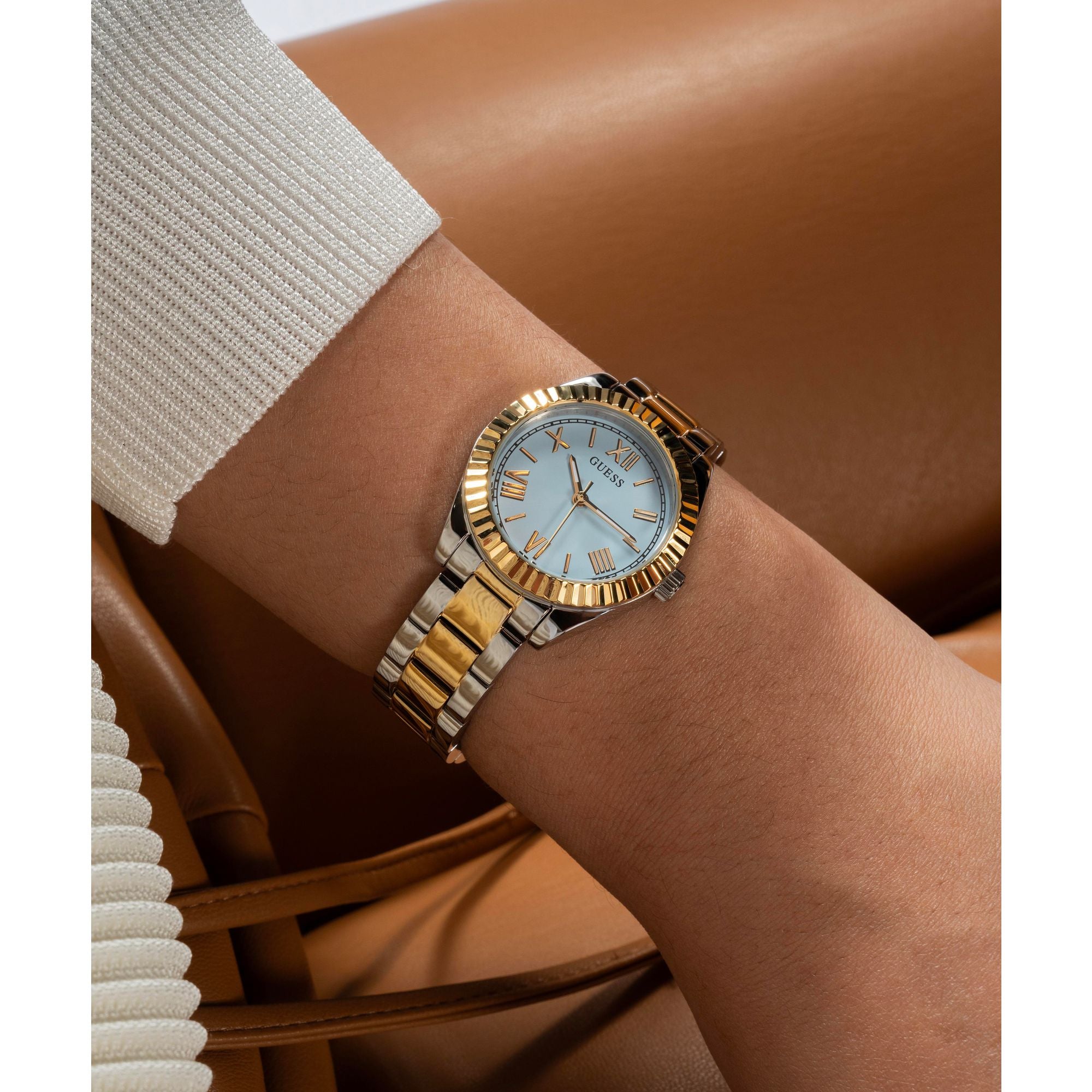 GUESS MINI LUNA BLUE DIAL 2 TONE GOLD & SILVER BRACELET WATCH