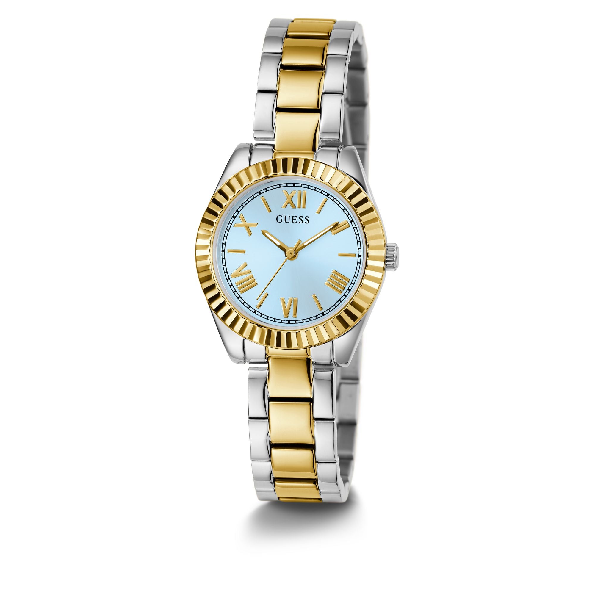 GUESS MINI LUNA BLUE DIAL 2 TONE GOLD & SILVER BRACELET WATCH