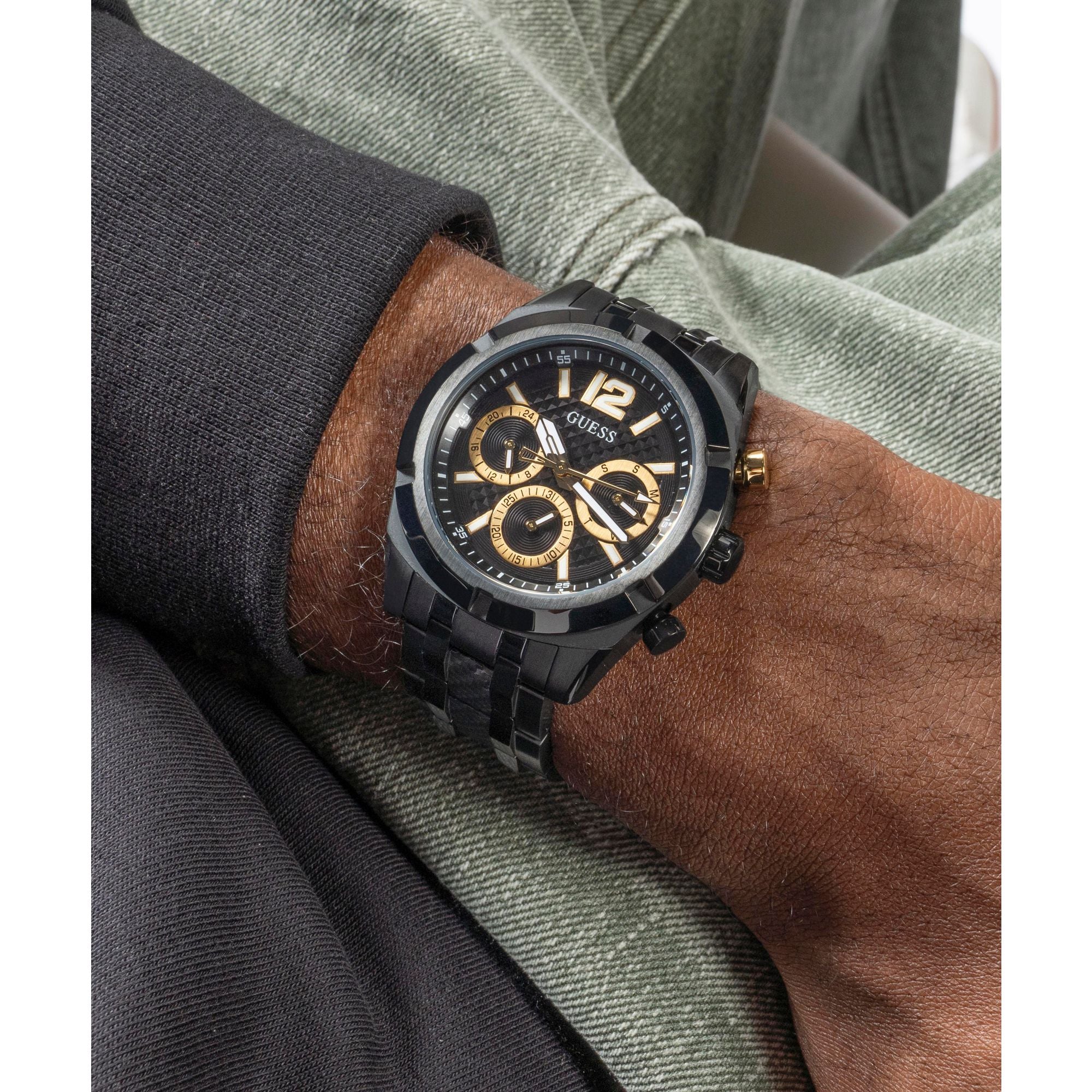 GUESS RESISTANCE BLACK & GOLD DIAL BLACK BRACELET WATCH