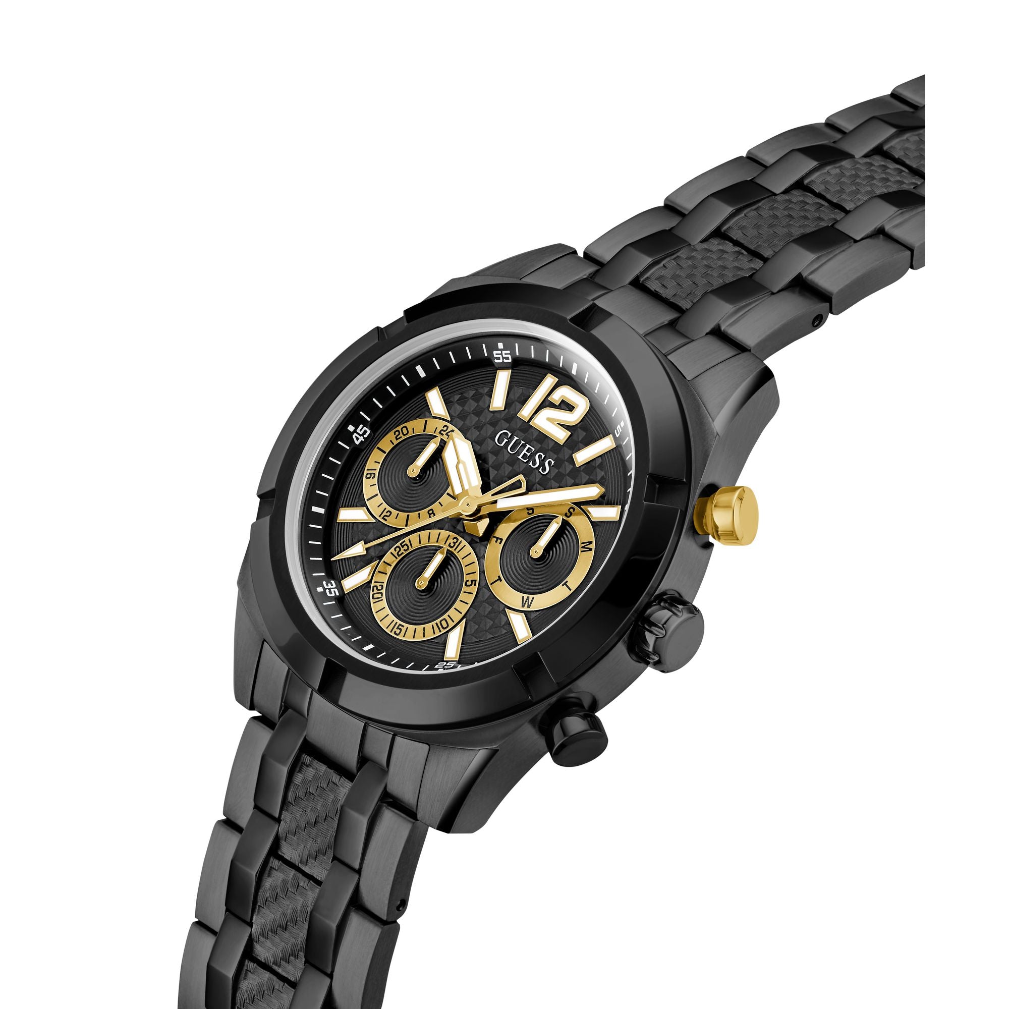 GUESS RESISTANCE BLACK & GOLD DIAL BLACK BRACELET WATCH