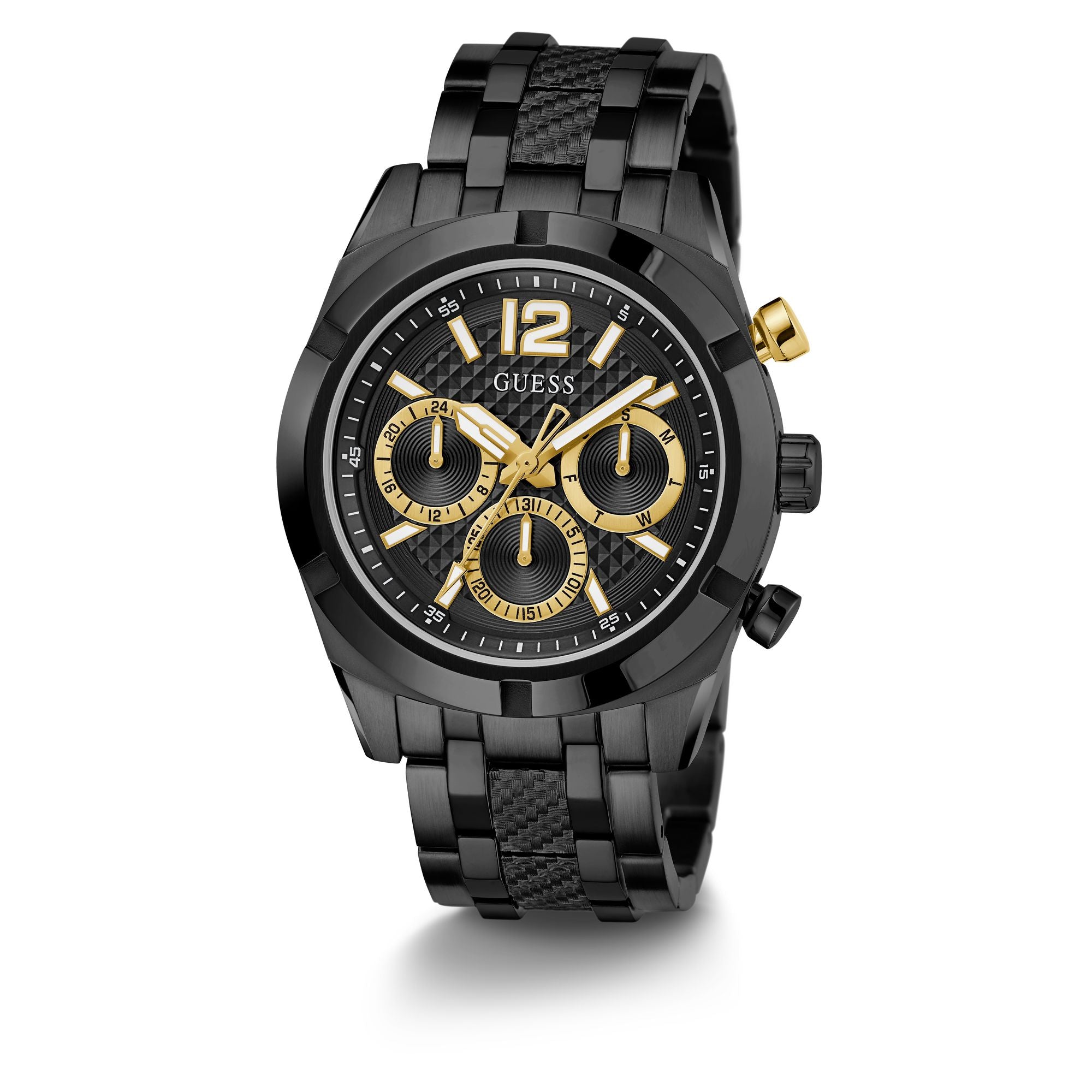 GUESS RESISTANCE BLACK & GOLD DIAL BLACK BRACELET WATCH