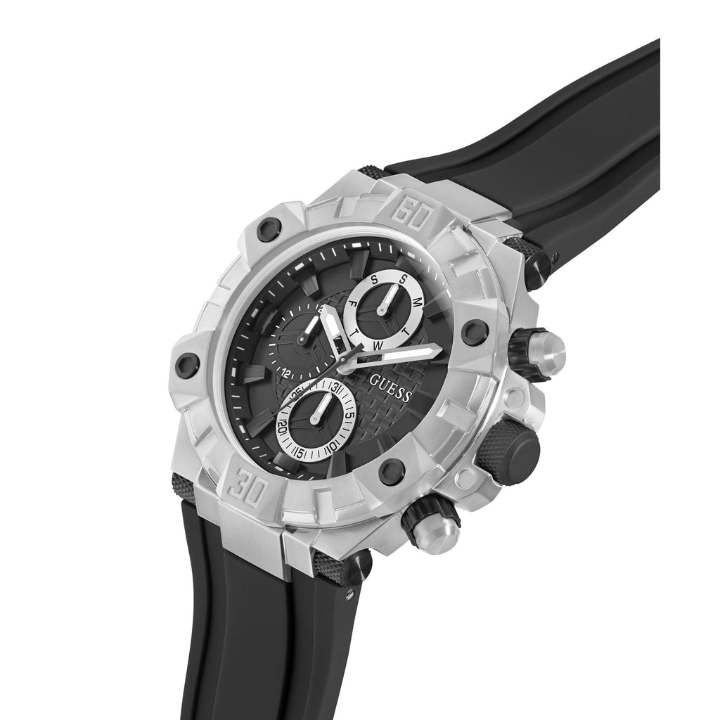 GUESS IGNITE SILVER CASE & BLACK SILICONE STRAP WATCH