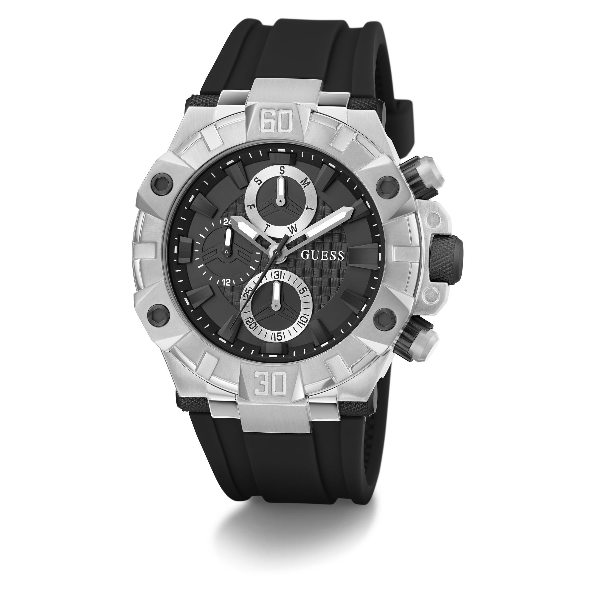 GUESS IGNITE SILVER CASE & BLACK SILICONE STRAP WATCH